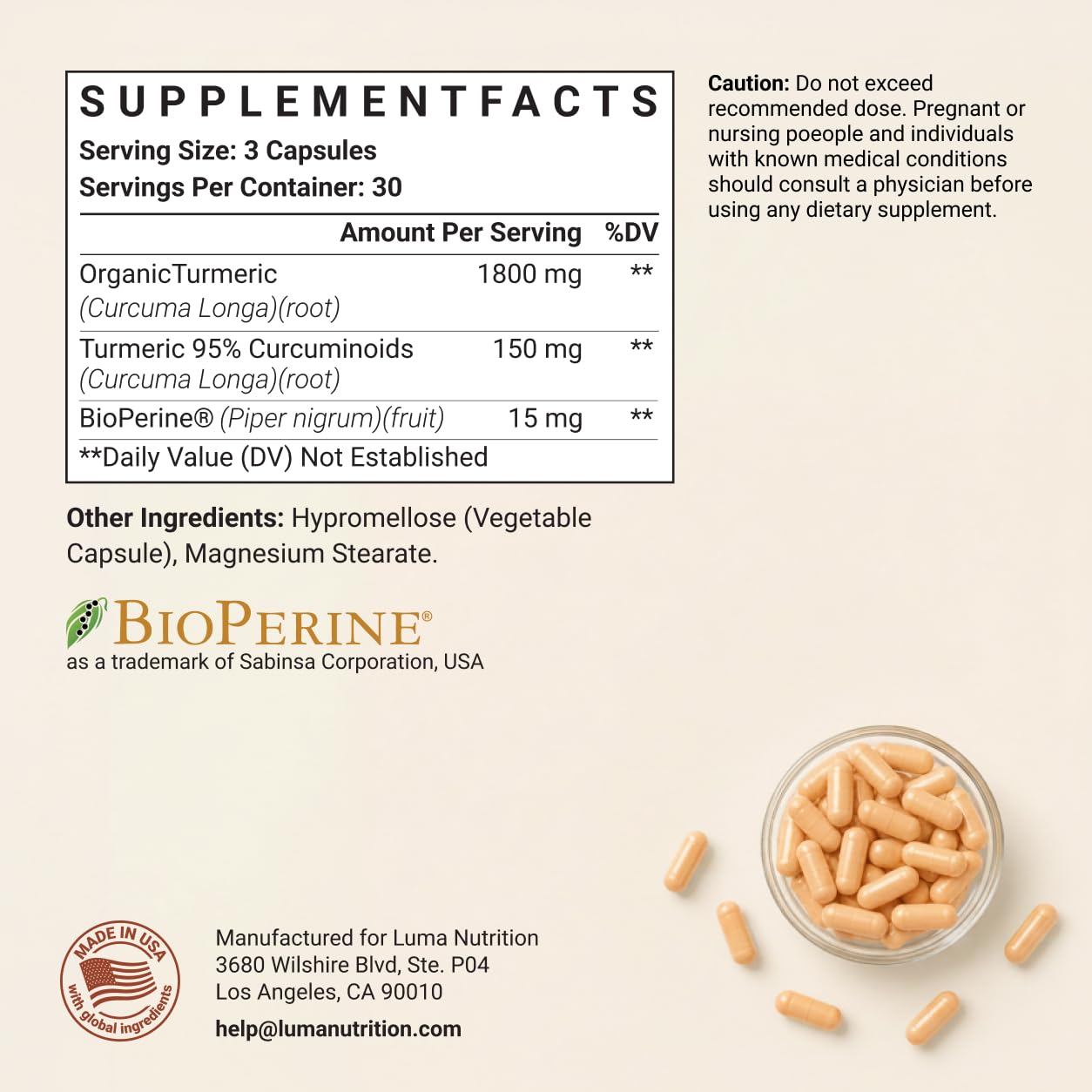 Luma Nutrition ingredientes: cúrcuma y pimienta negra juntos para mayor absorción