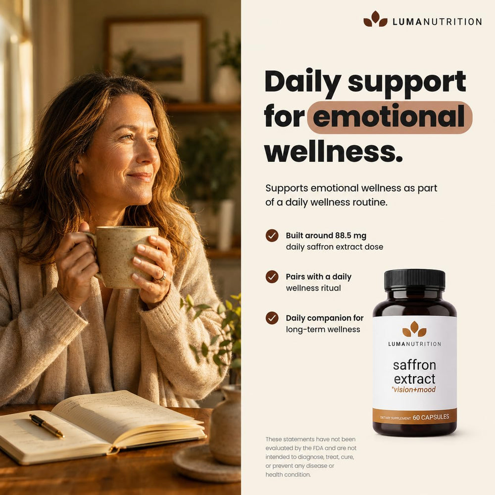 Luma Nutrition capsules on bathroom counter in morning routine setting