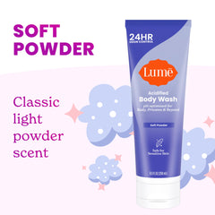Lume gel en uso bajo la ducha demostrando limpieza y frescura duradera