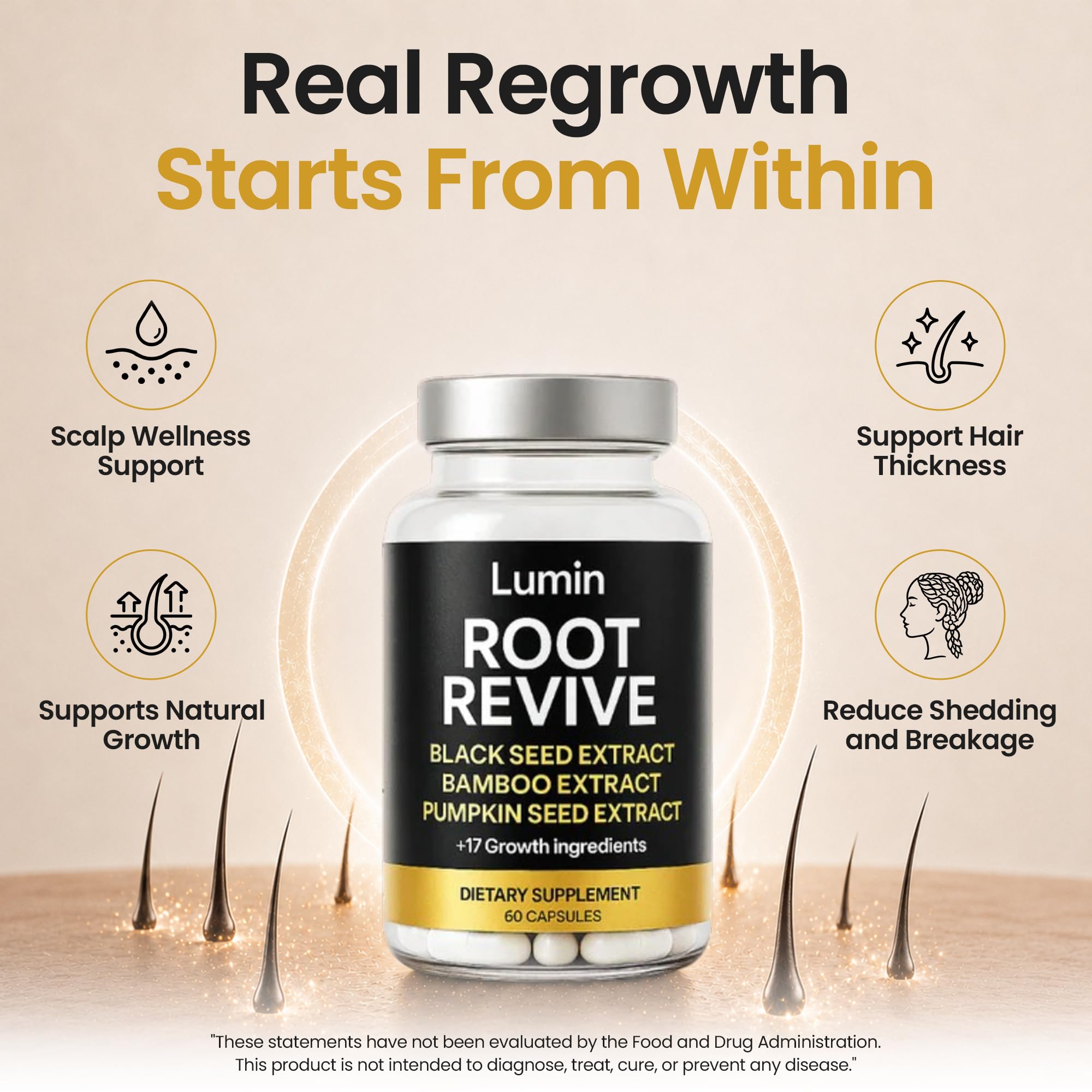 Lumin Root Revive: botella abierta con cápsulas ofreciendo fácil dosificación