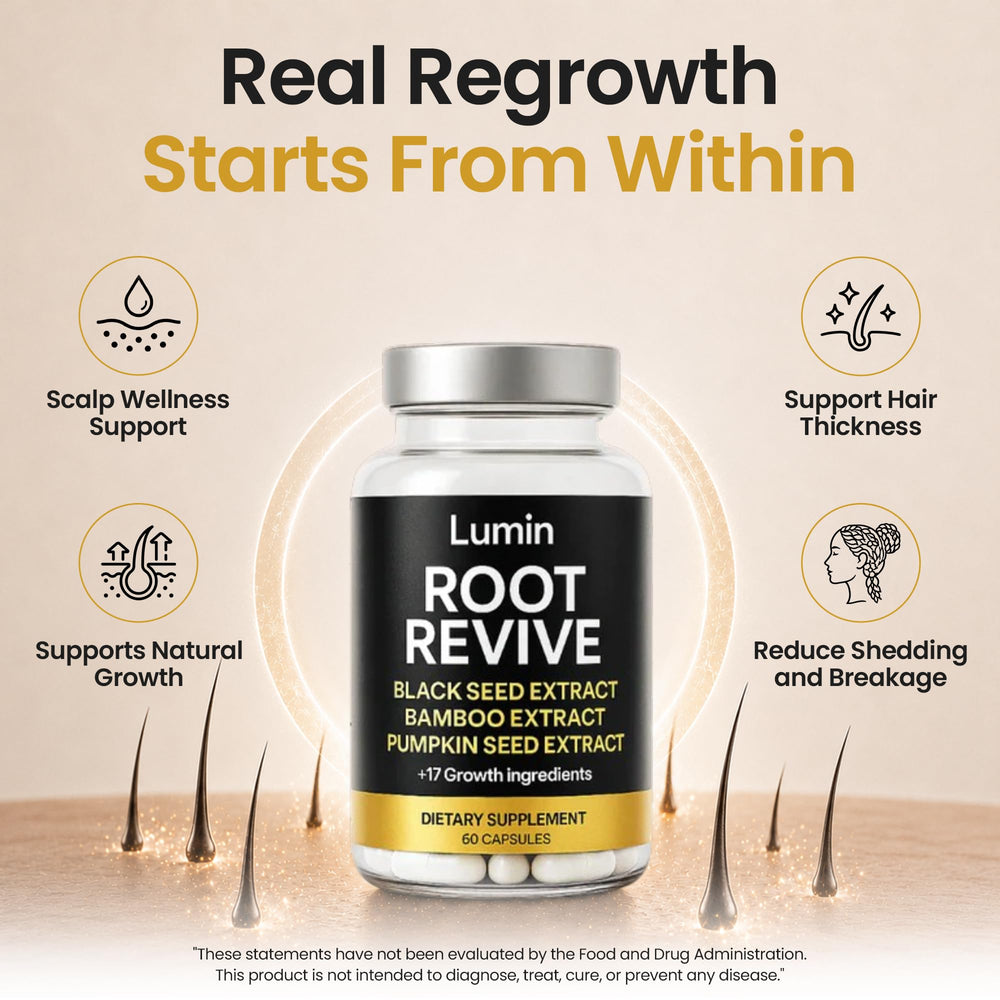 Lumin Root Revive: botella abierta con cápsulas ofreciendo fácil dosificación