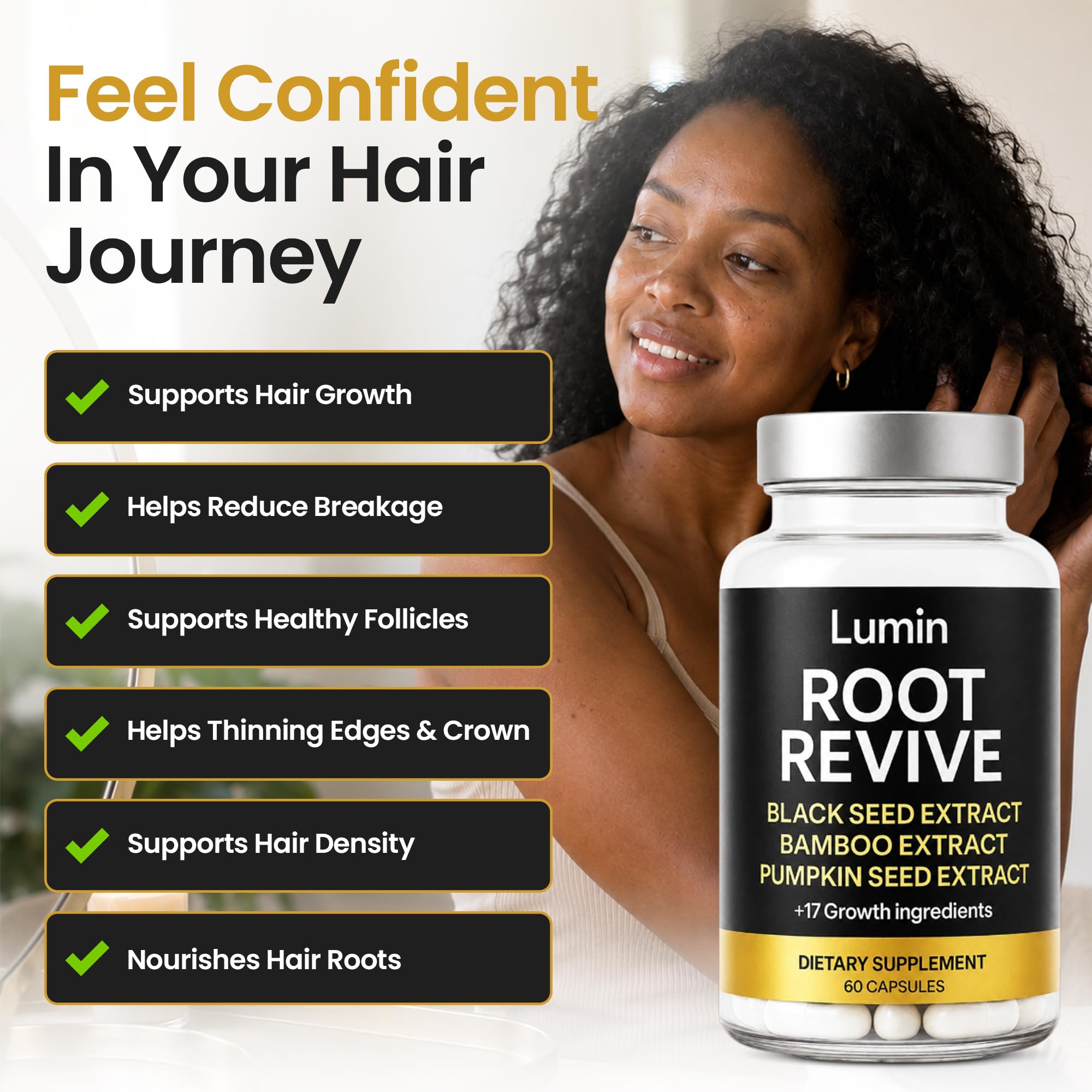 Lumin Root Revive: cápsula junto a moneda para comparar tamaño y comodidad