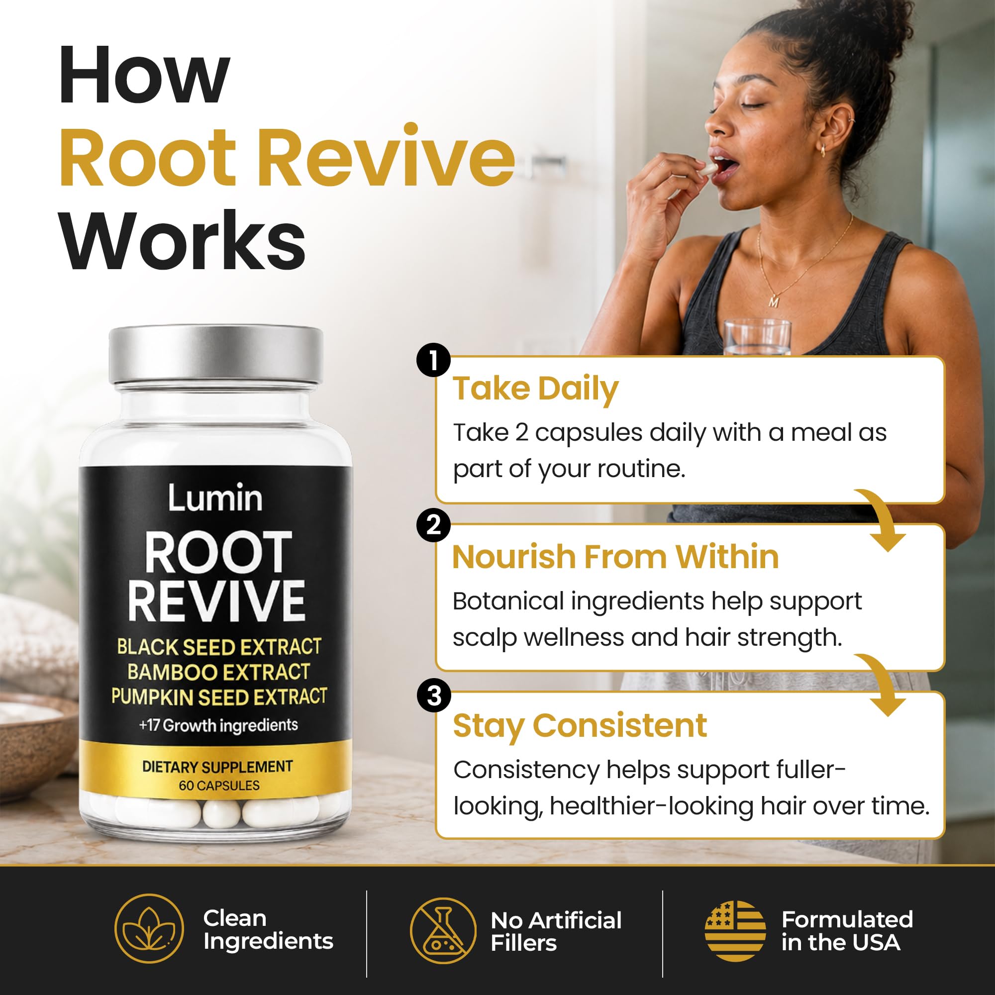 Lumin Root Revive: ingredientes botánicos (semilla negra y bambú) evidenciando origen natural