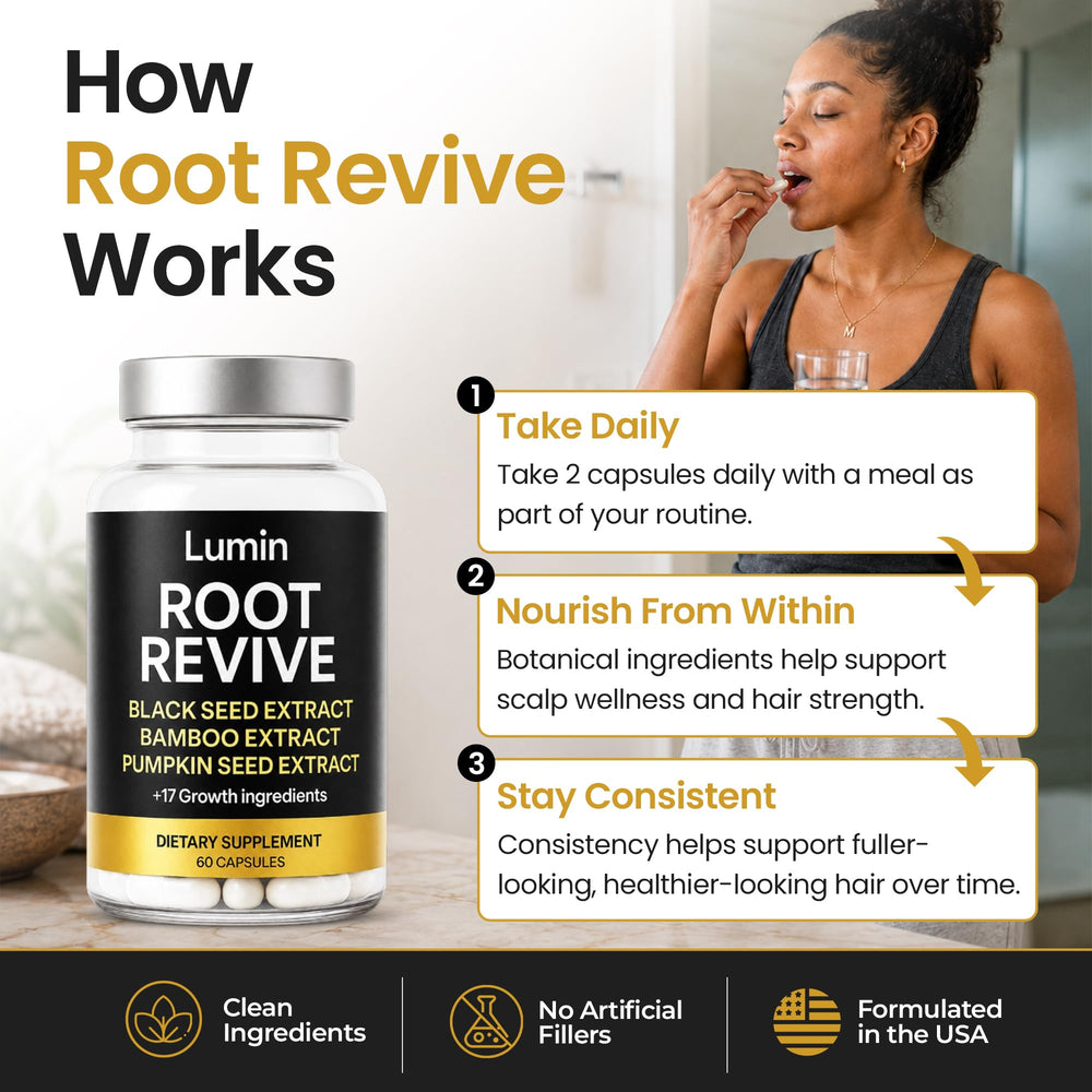 Lumin Root Revive: ingredientes botánicos (semilla negra y bambú) evidenciando origen natural