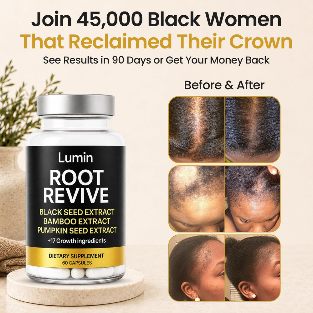 Lumin Root Revive: primer plano de cápsula resaltando textura y pureza