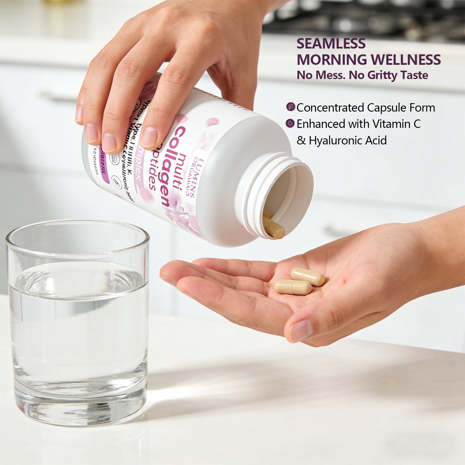 Lumine Organics primer plano de cápsulas mostrando textura y tamaño fácil de tragar