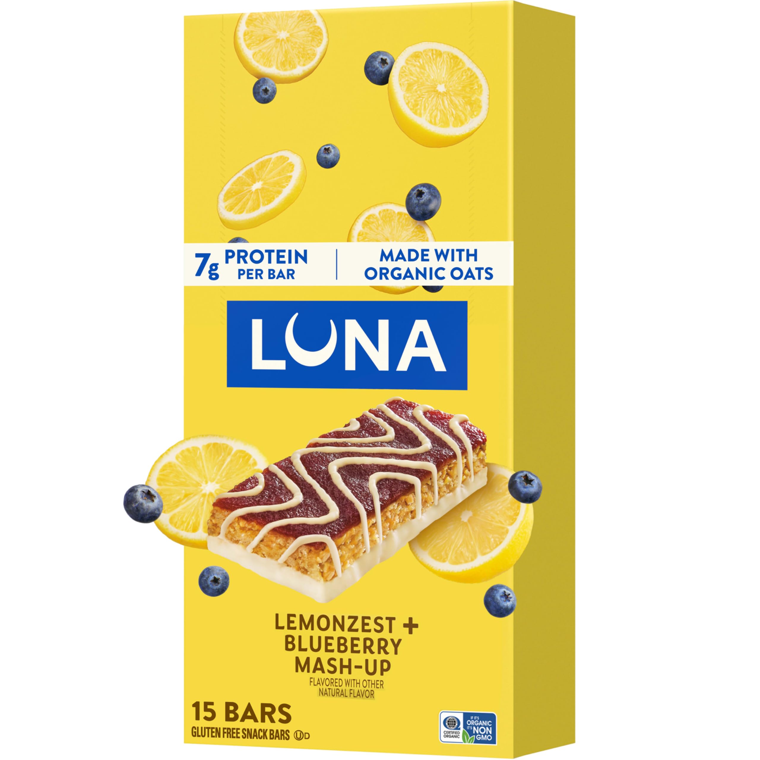 Luna Bar frente del empaque mostrando caja de 15 unidades y conveniencia
