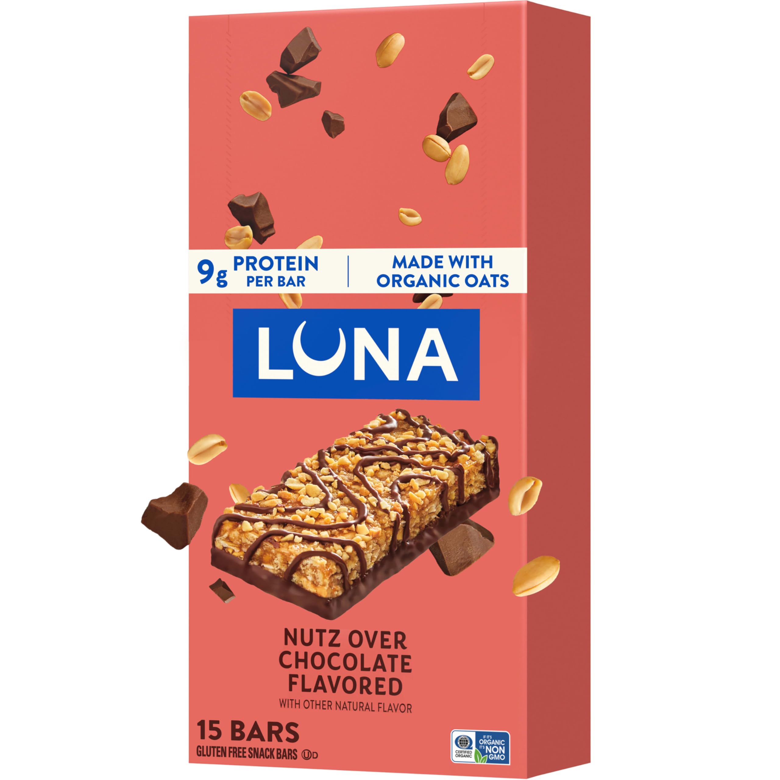 Luna Bar frontal paquete mostrando sabor y beneficios
