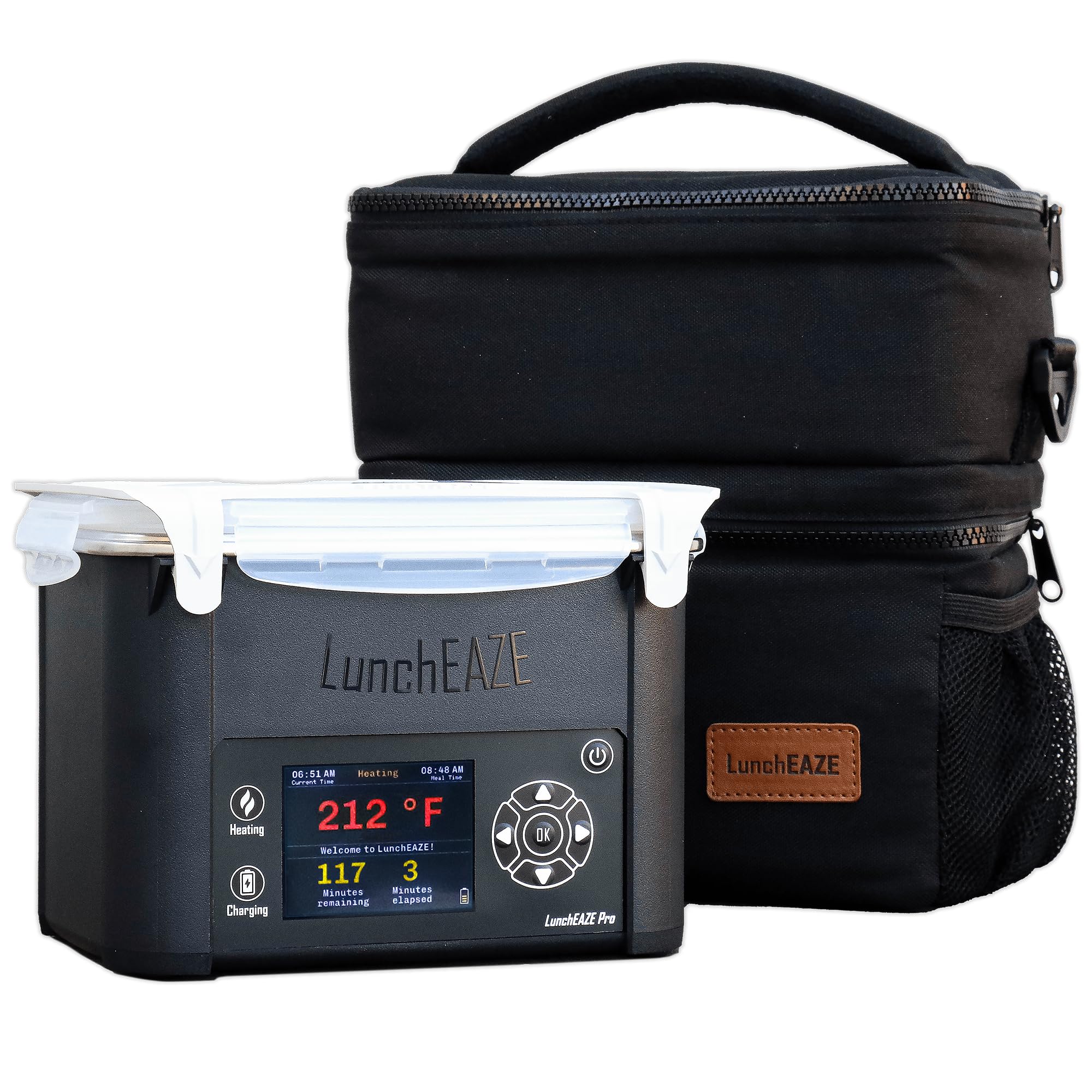 LunchEAZE Pro vista frontal con tapa cerrada y beneficio de portabilidad