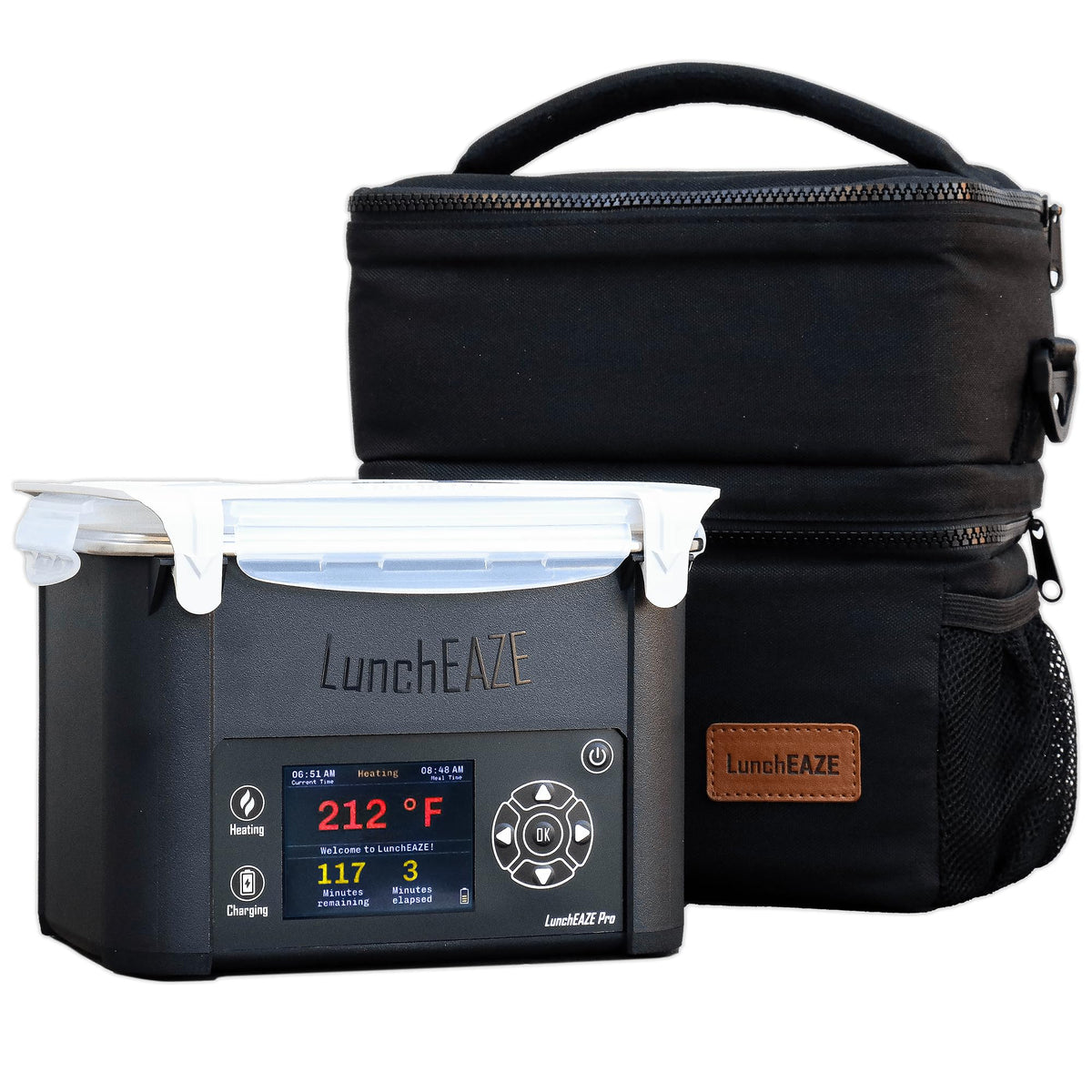 LunchEAZE Pro vista frontal con tapa cerrada y beneficio de portabilidad