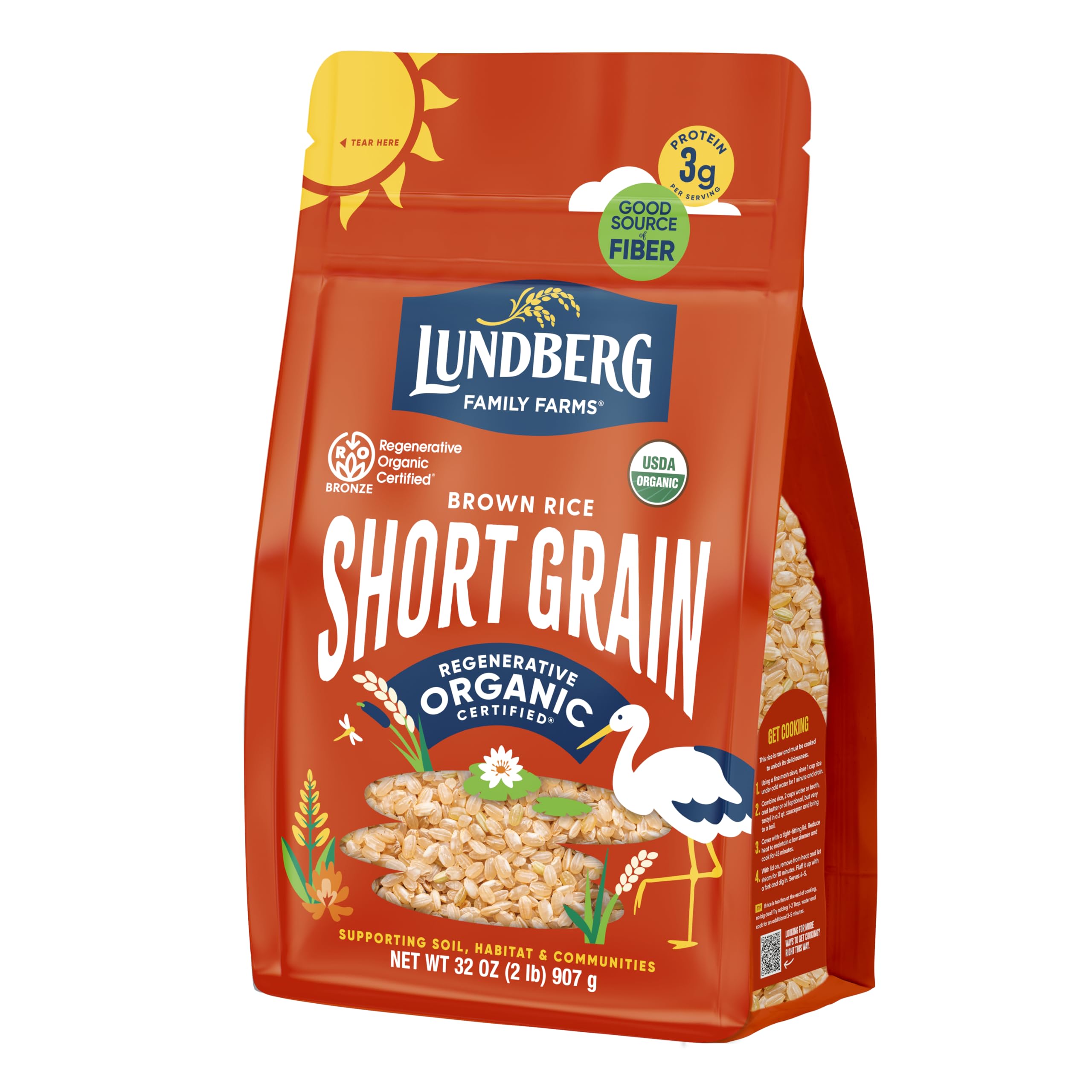 Lundberg empaque frontal del arroz integral muestra marca y beneficios saludables