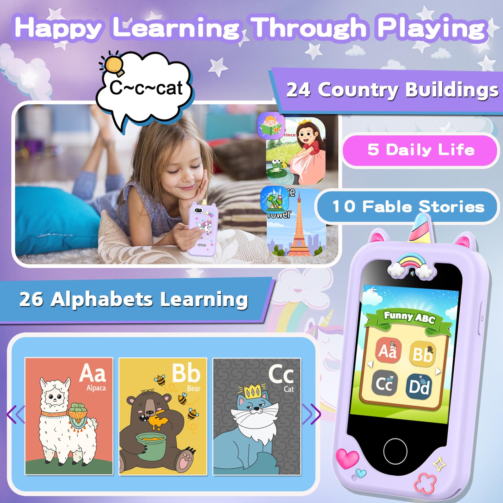 Luoba pantalla mostrando juegos ABC para aprendizaje interactivo