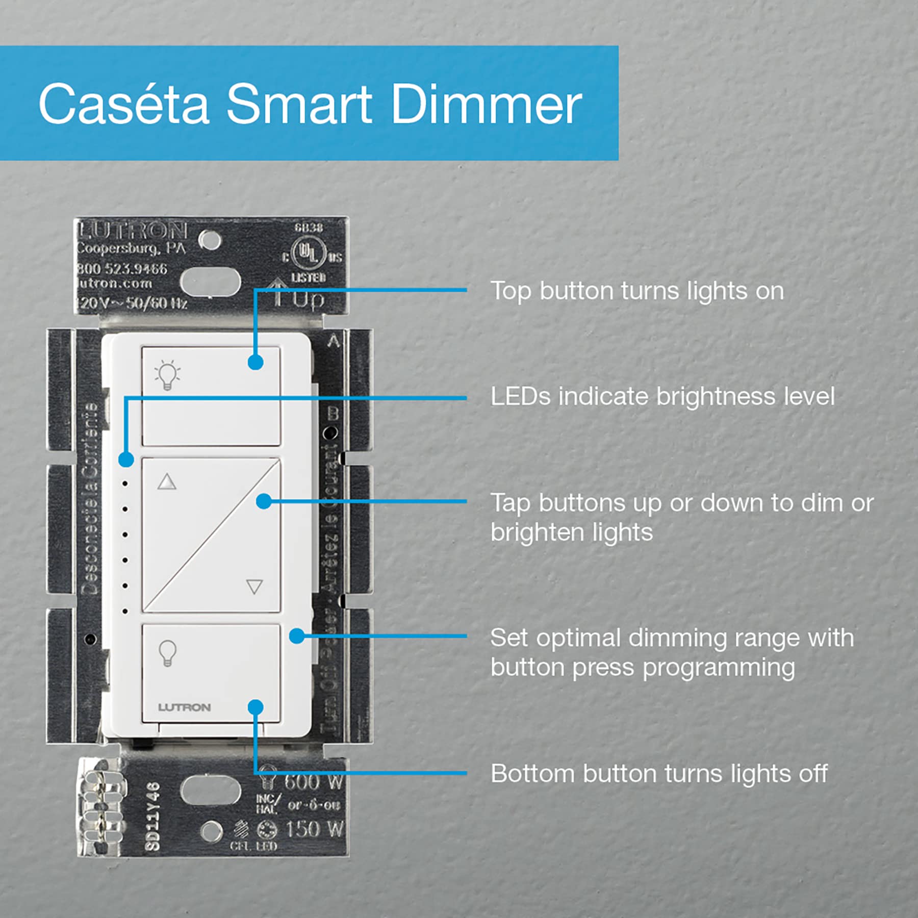 Lutron Caseta en pantalla de app móvil controlando escenas y programación fácil