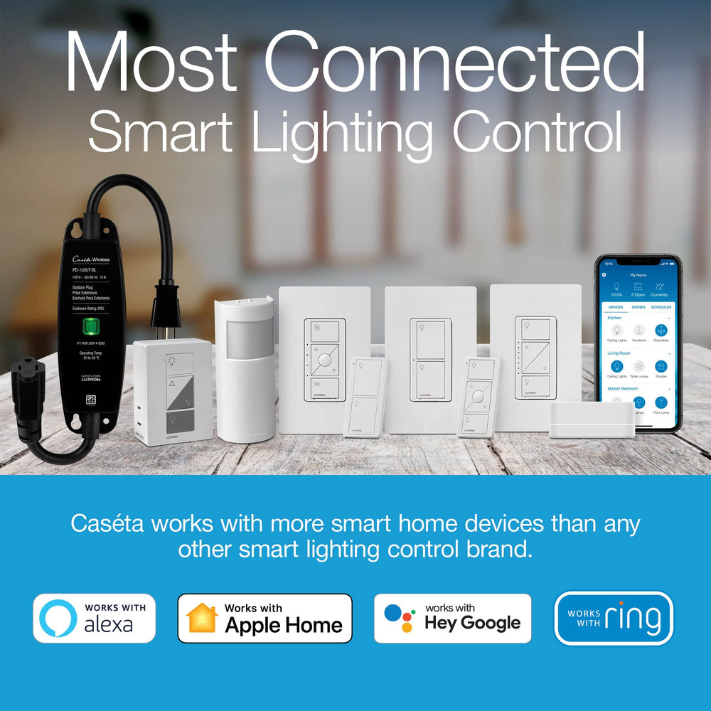 Lutron Caséta hub junto a manos para comparar tamaño y facilidad