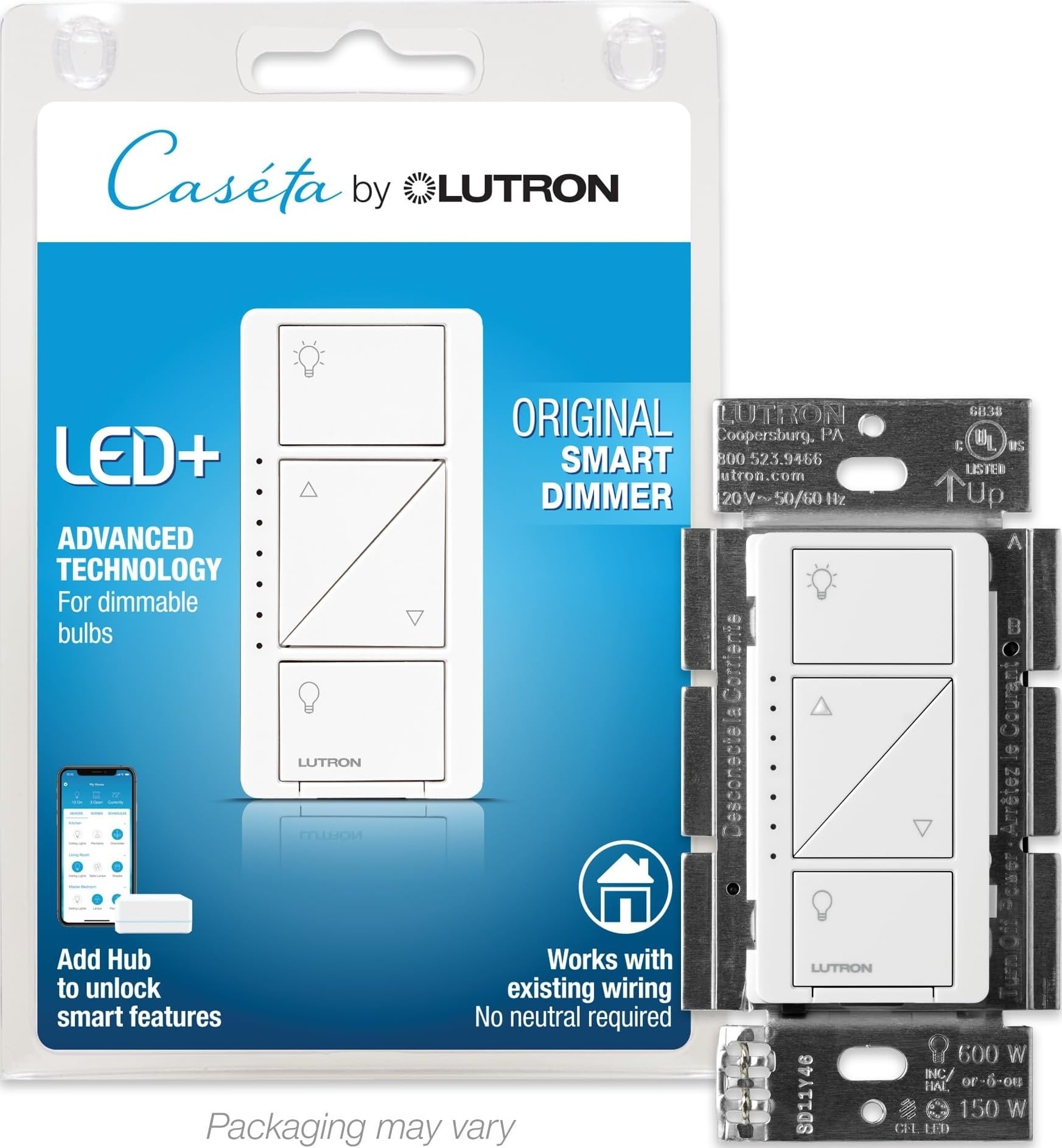Lutron Caseta vista frontal del interruptor mostrando diseño moderno y control preciso
