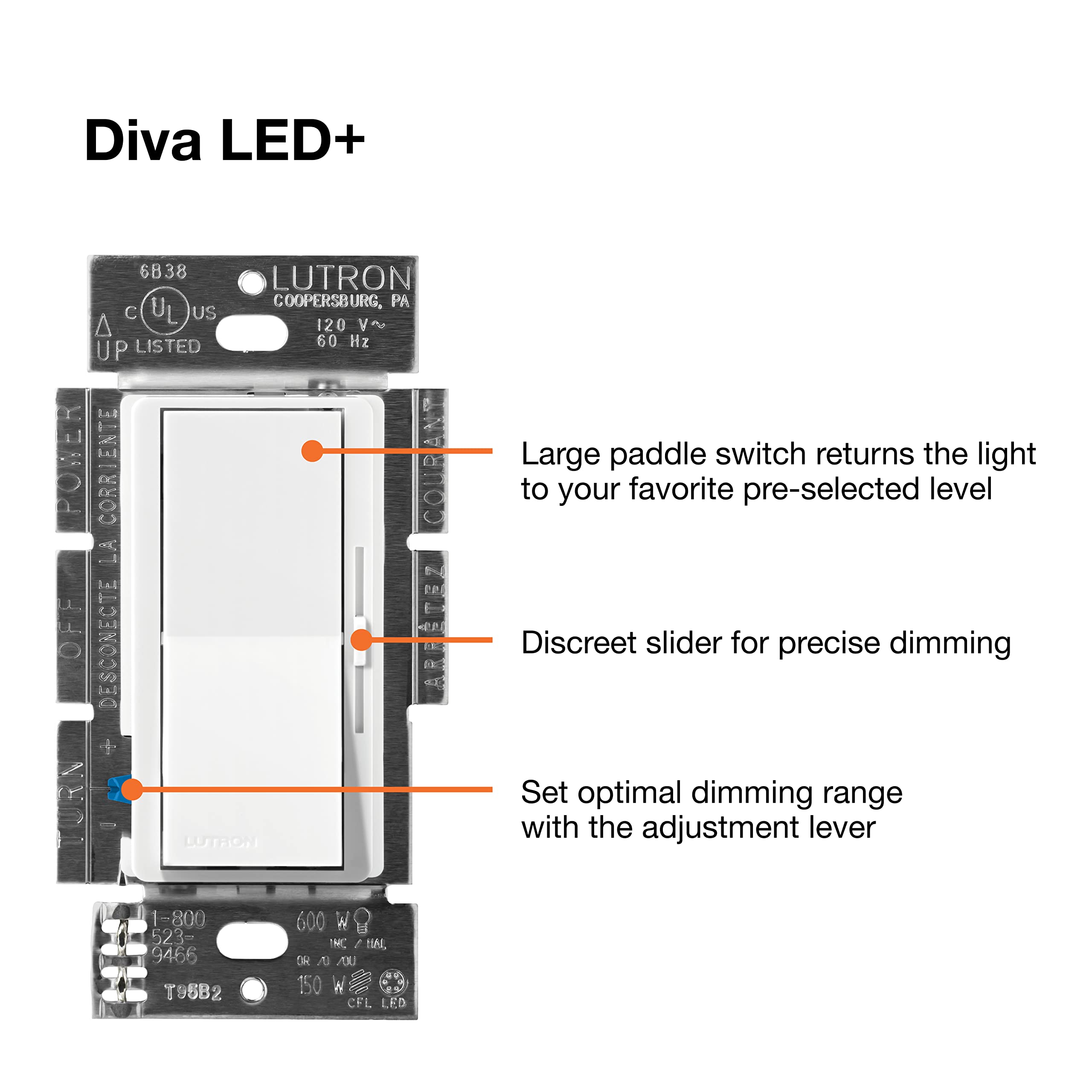 Lutron con placa Claro separada y accesorios, acabado coordinado disponible