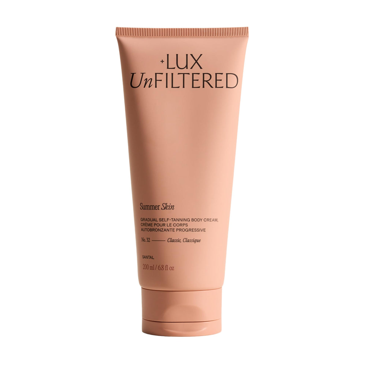 Lux Unfiltered bote frontal Santal mostrando diseño y textura crema hidratante