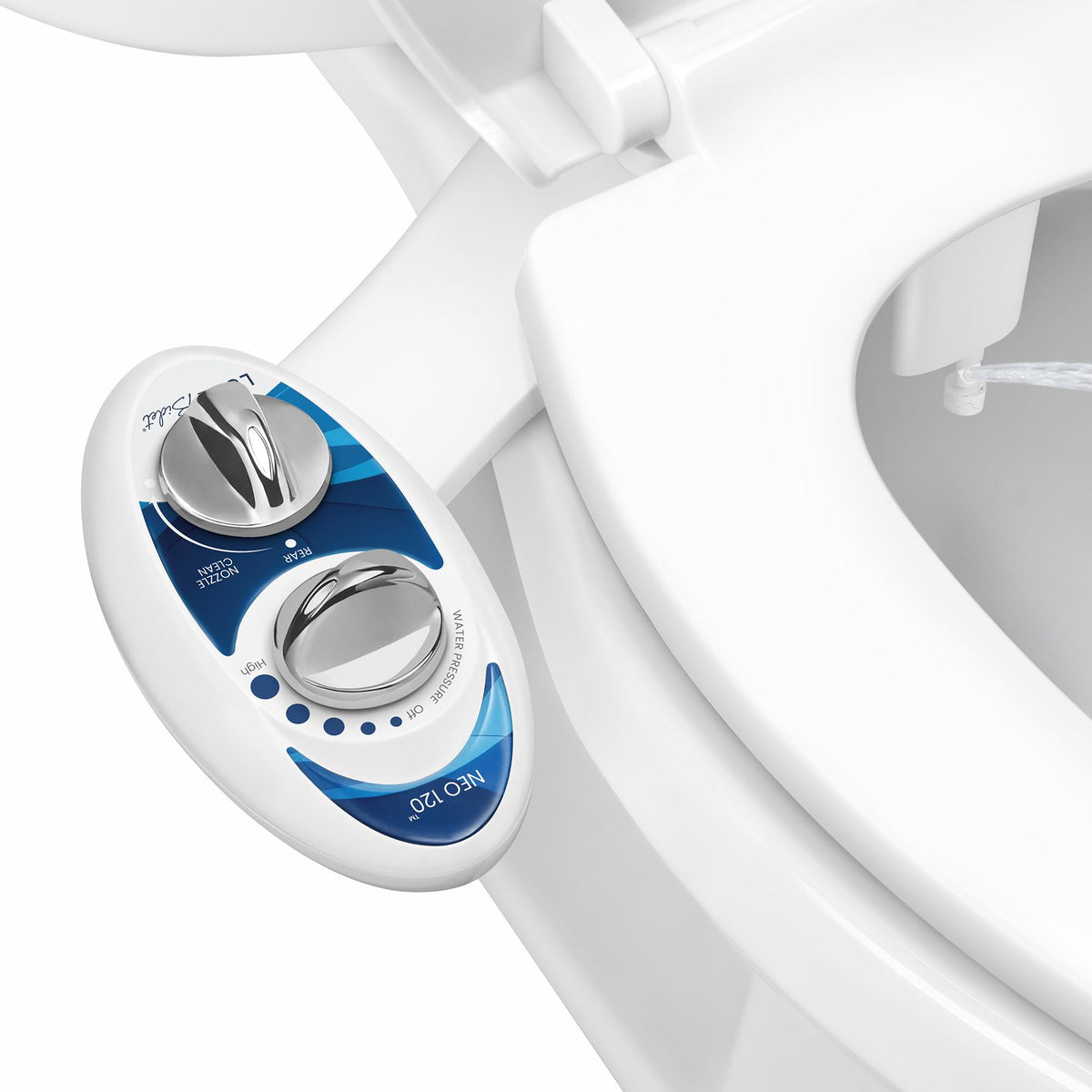 LUXE Bidet NEO 120 frontal azul mostrando diseño y facilidad de limpieza
