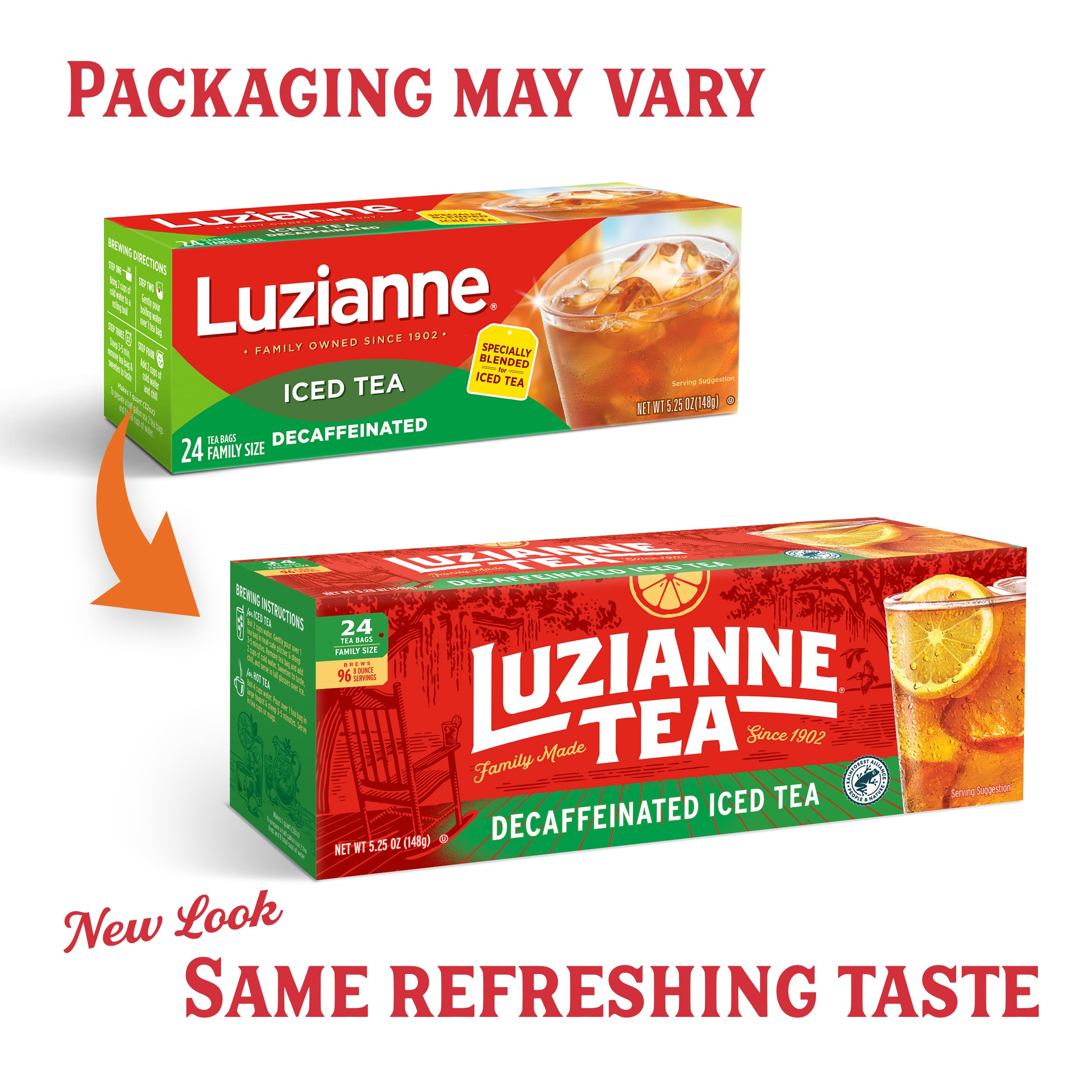 Luzianne bolsa abierta con detalle de hojas para aroma y calidad