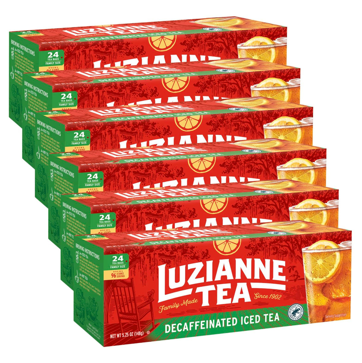 Luzianne frente del empaque mostrando 24 bolsas y beneficios de sabor
