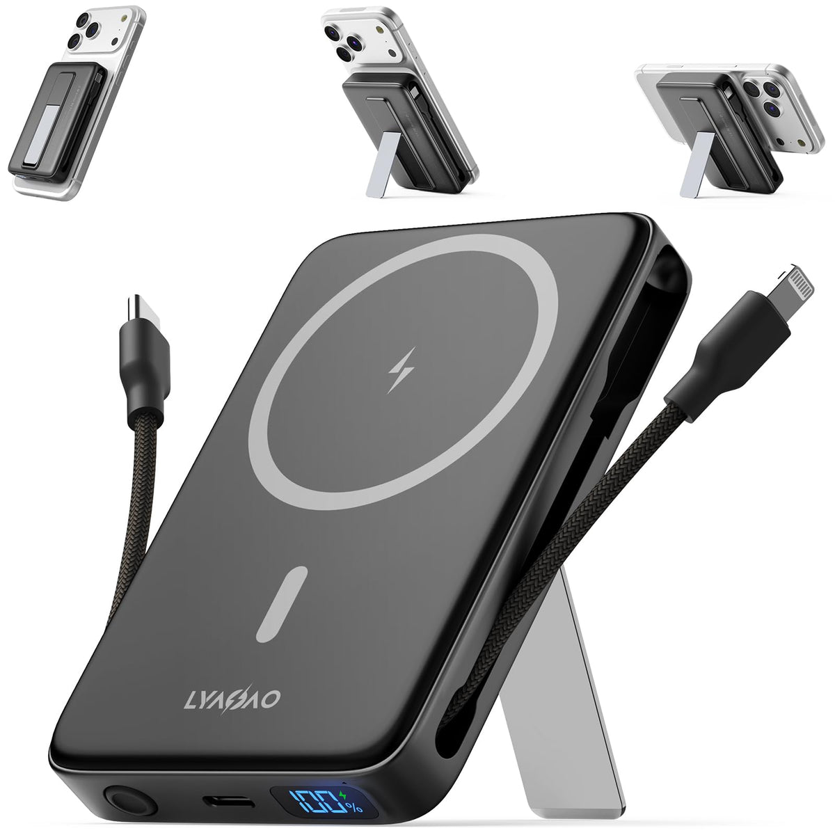 LYAOAO vista frontal del power bank mostrando diseño compacto y portabilidad