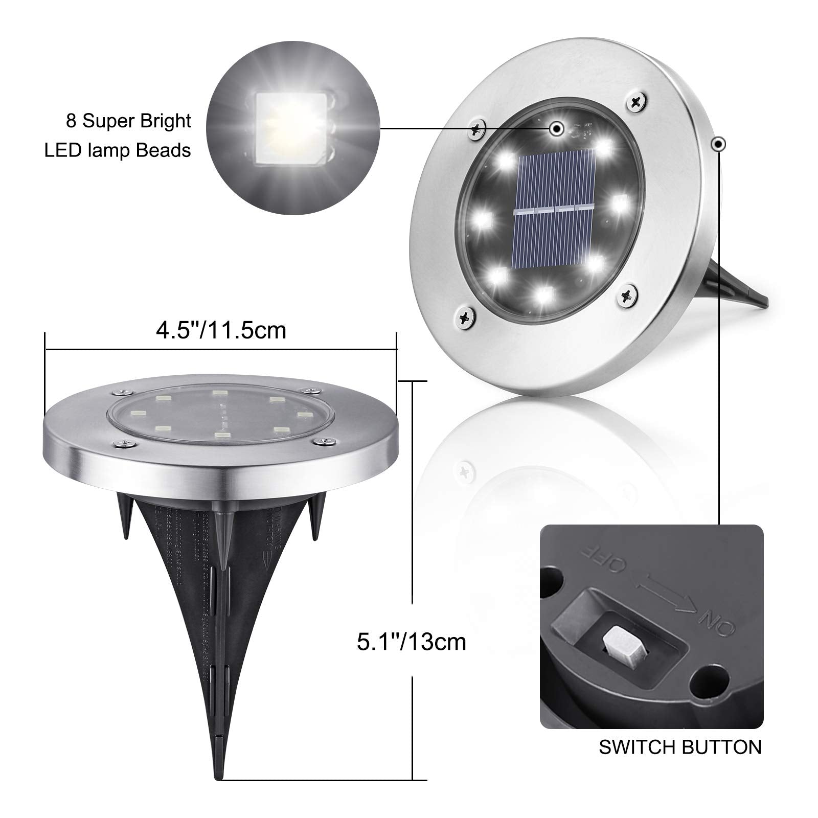 LYHOPE primer plano de los 8 LED y panel solar que muestra eficiencia energética