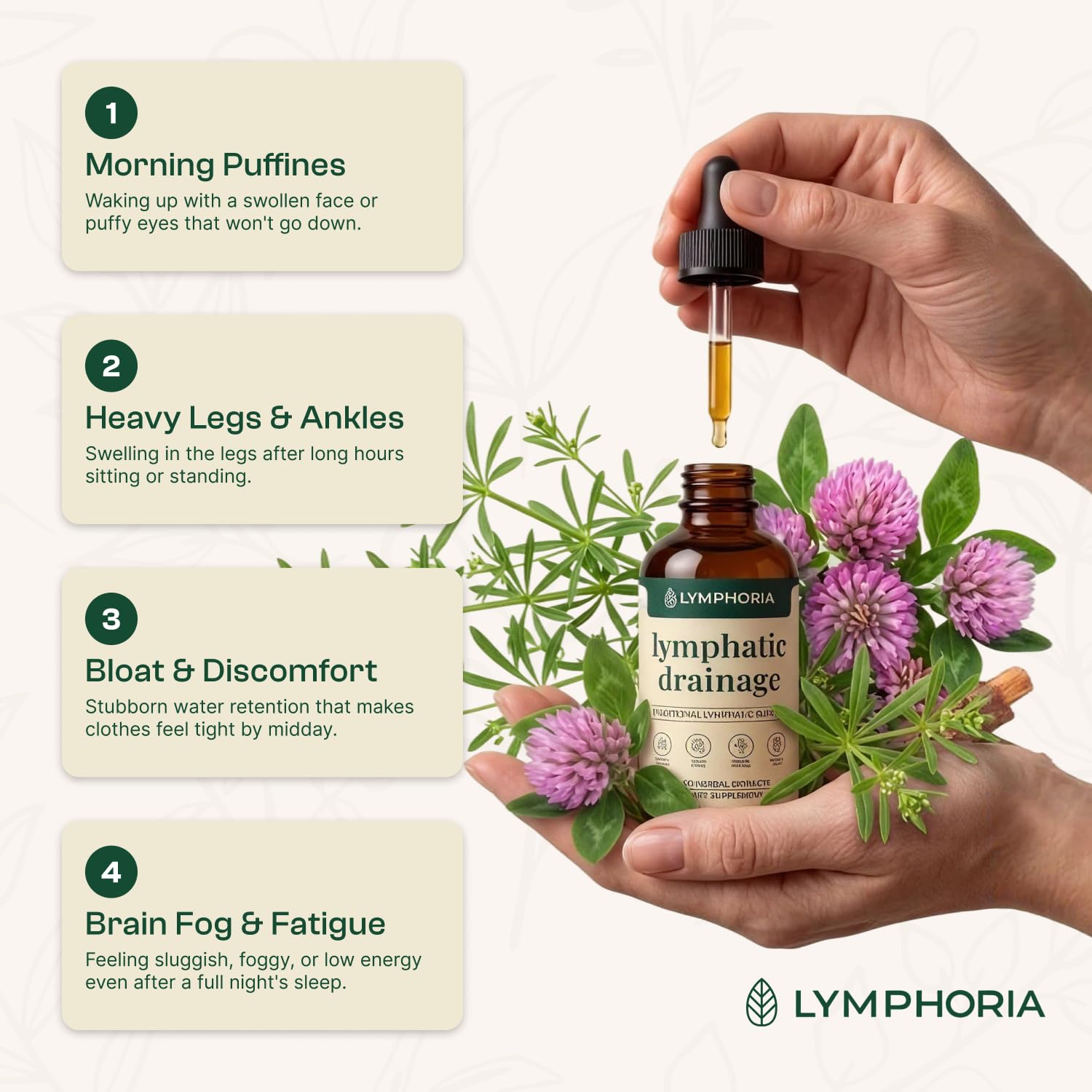 LYMPHORIA gotas disueltas en vaso de agua ilustrando mezcla diaria fácil