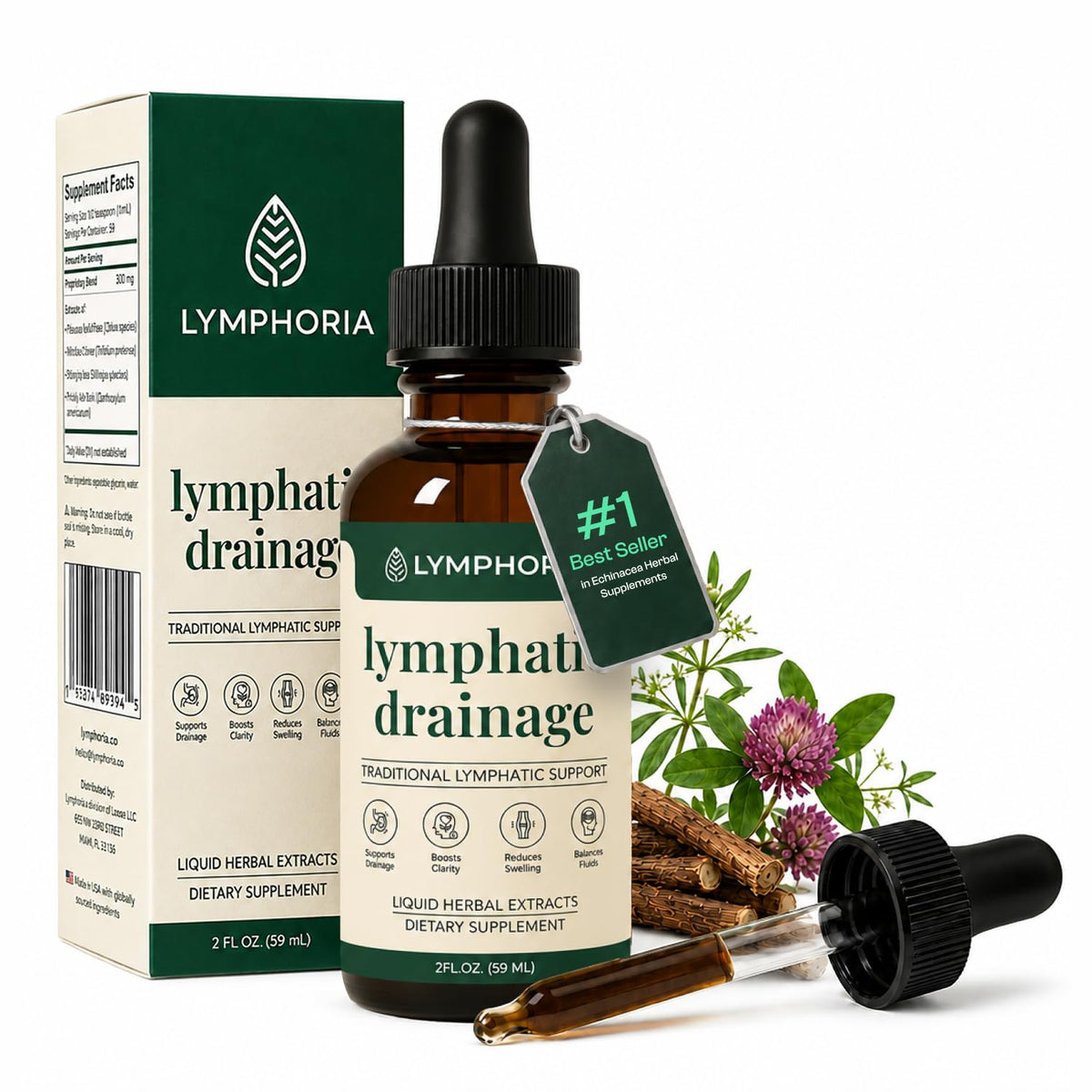 LYMPHORIA botella frontal mostrando formato y diseño, transmite confianza