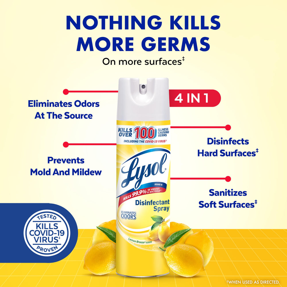 Lysol junto a regla para mostrar 19 oz, referencia de tamaño práctico