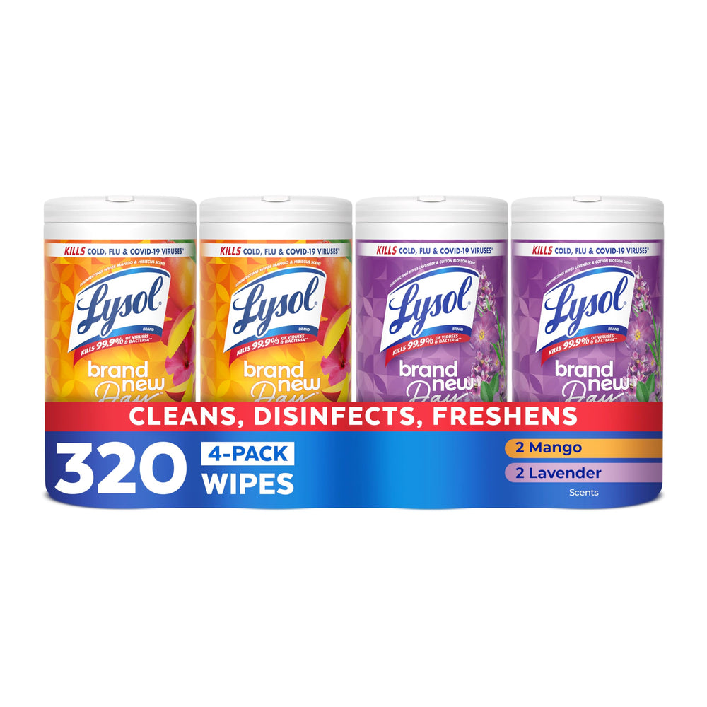 Lysol frente del empaque mostrando fragancias y cuenta de toallitas