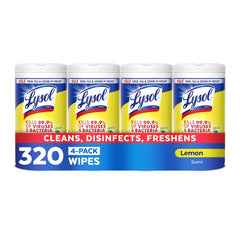 Lysol envase frontal que muestra el aroma limón y conteo 80 ct, limpieza rápida