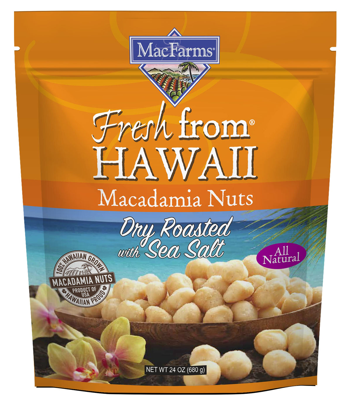 MacFarms frente del empaque mostrando el saco de 24 oz y sello hawaiano beneficio frescura
