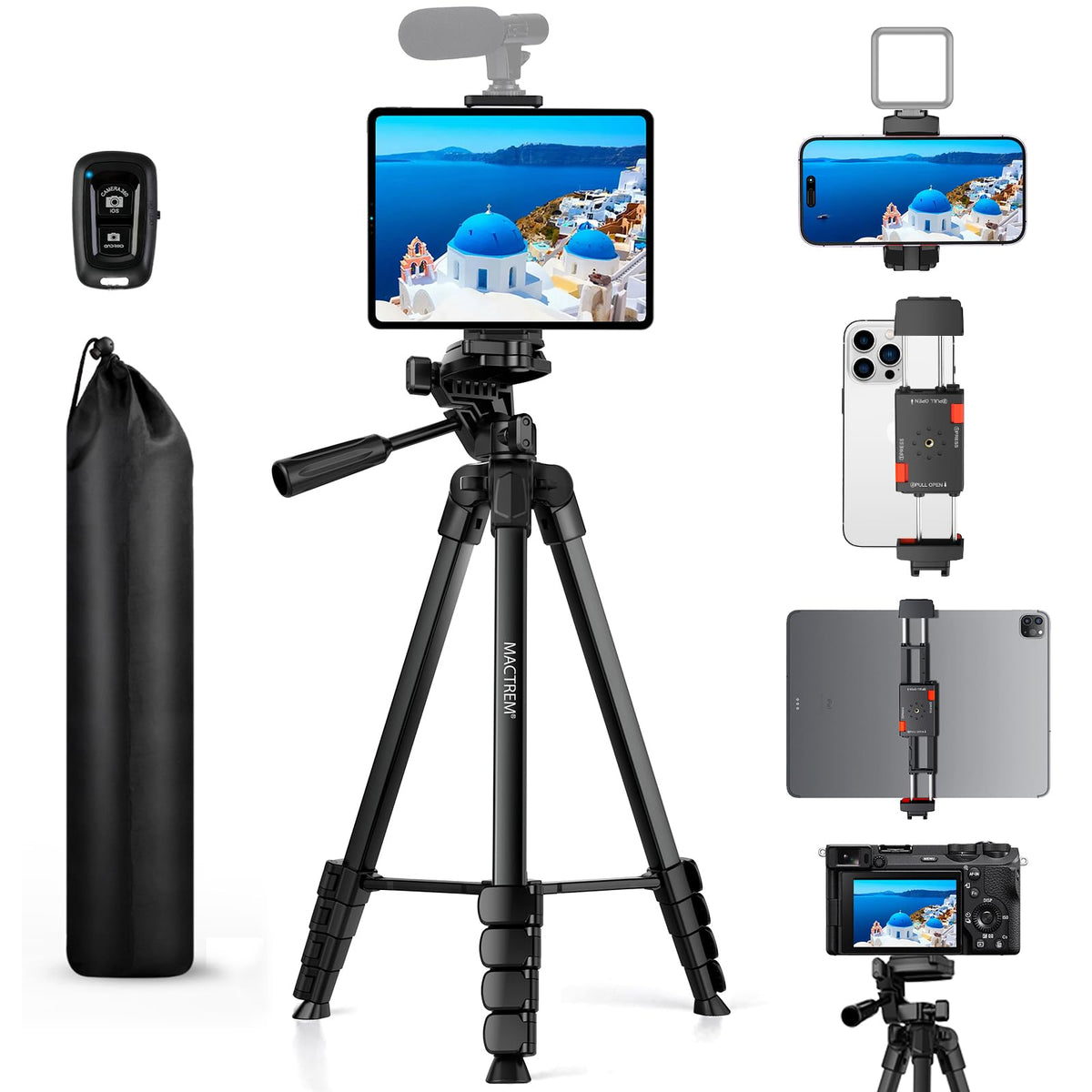 MACTREM trípode frontal sosteniendo tablet para grabación estable