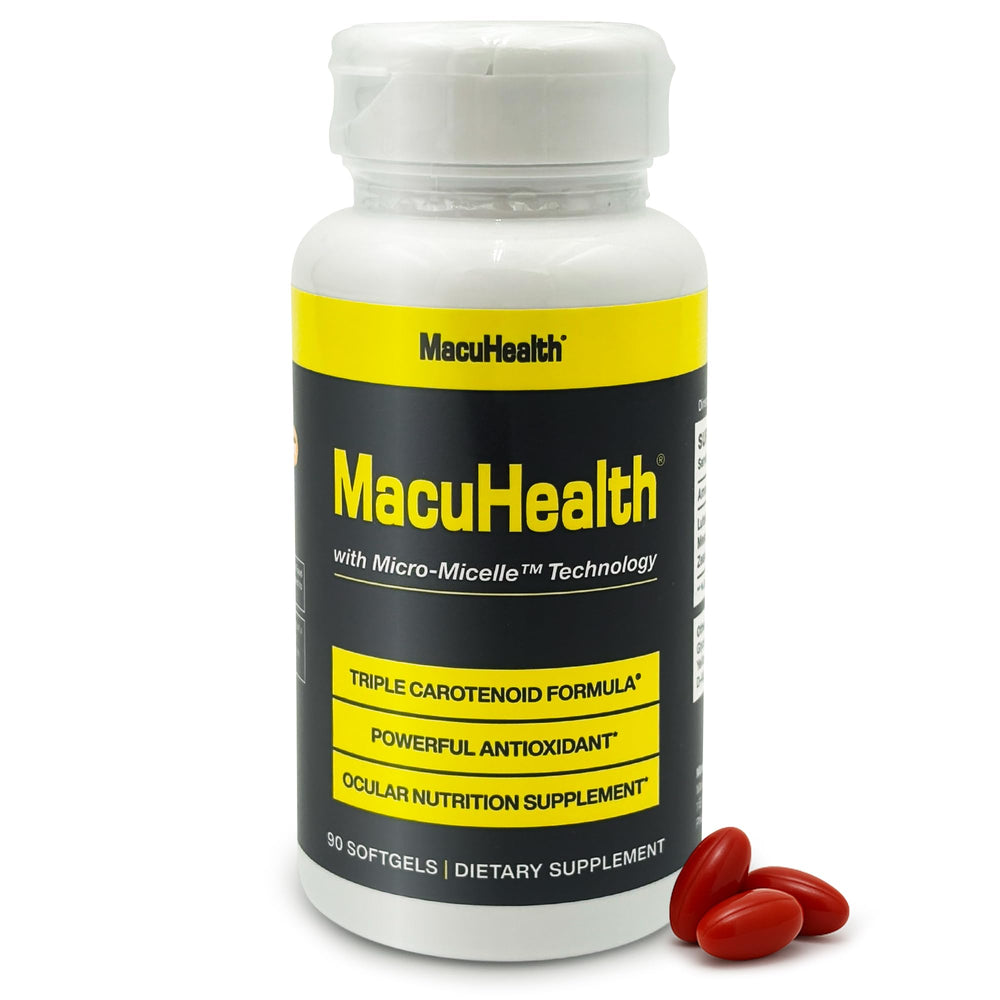 Macuhealth vista frontal del envase que muestra el diseño y beneficio de nutrientes