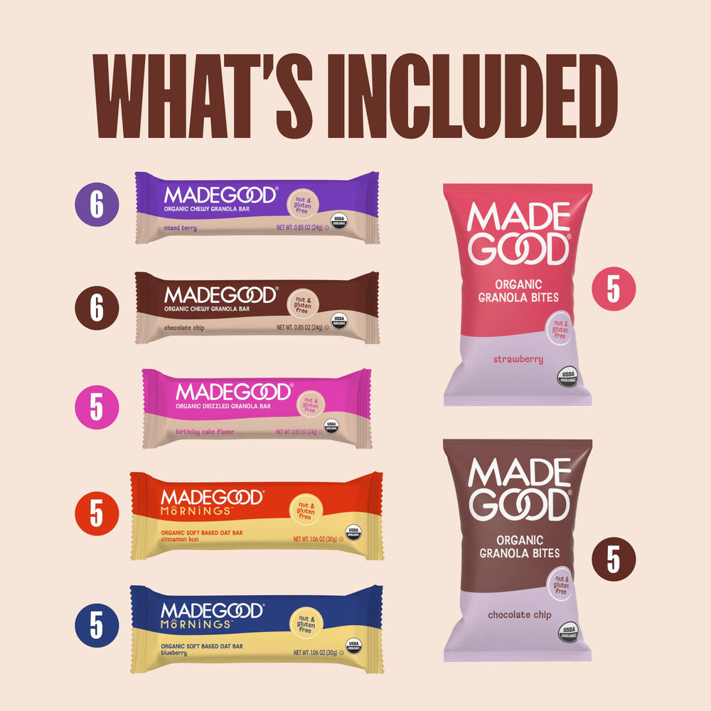 MadeGood barras y bocados desplegados mostrando diversidad de sabores