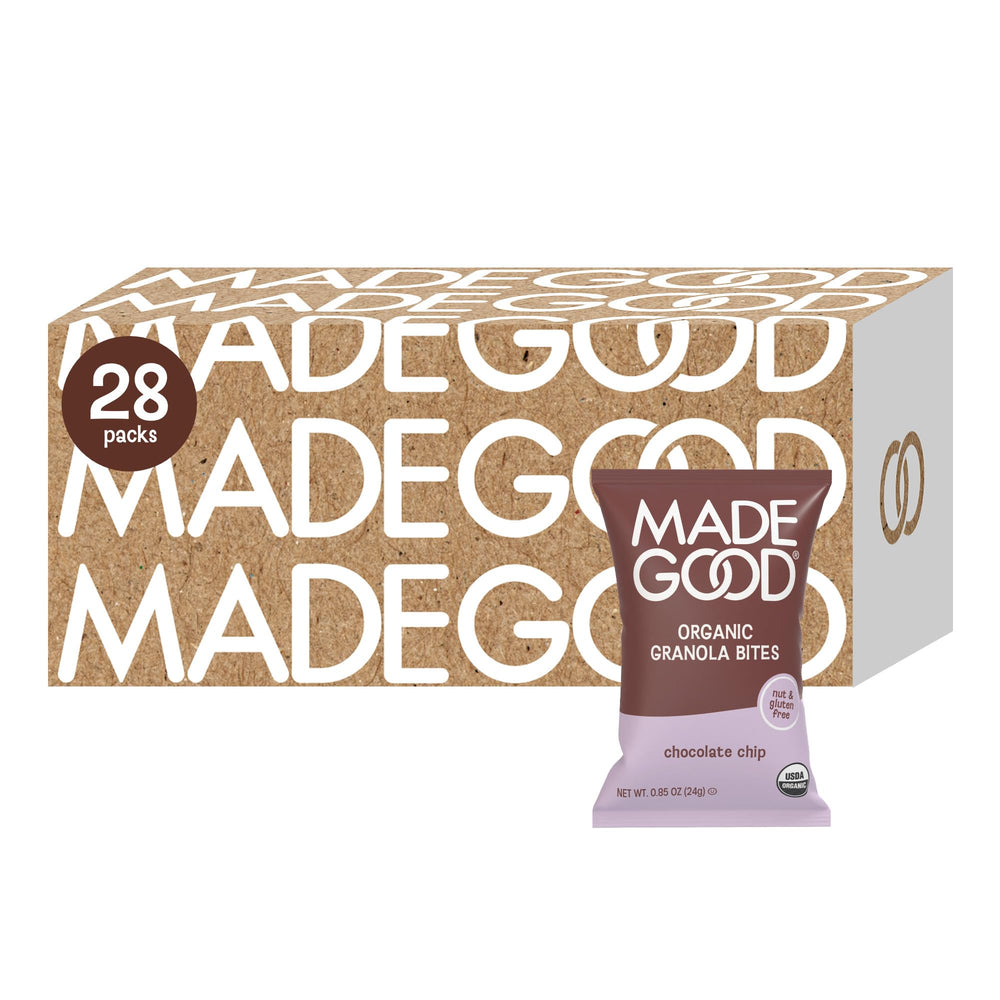 MadeGood frente del empaque con 28 mini paquetes, práctico para familias
