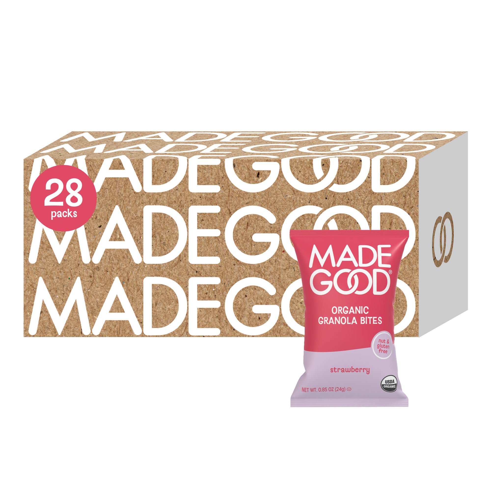 MadeGood empaque frontal con diseño de fresa y conveniencia lista para llevar