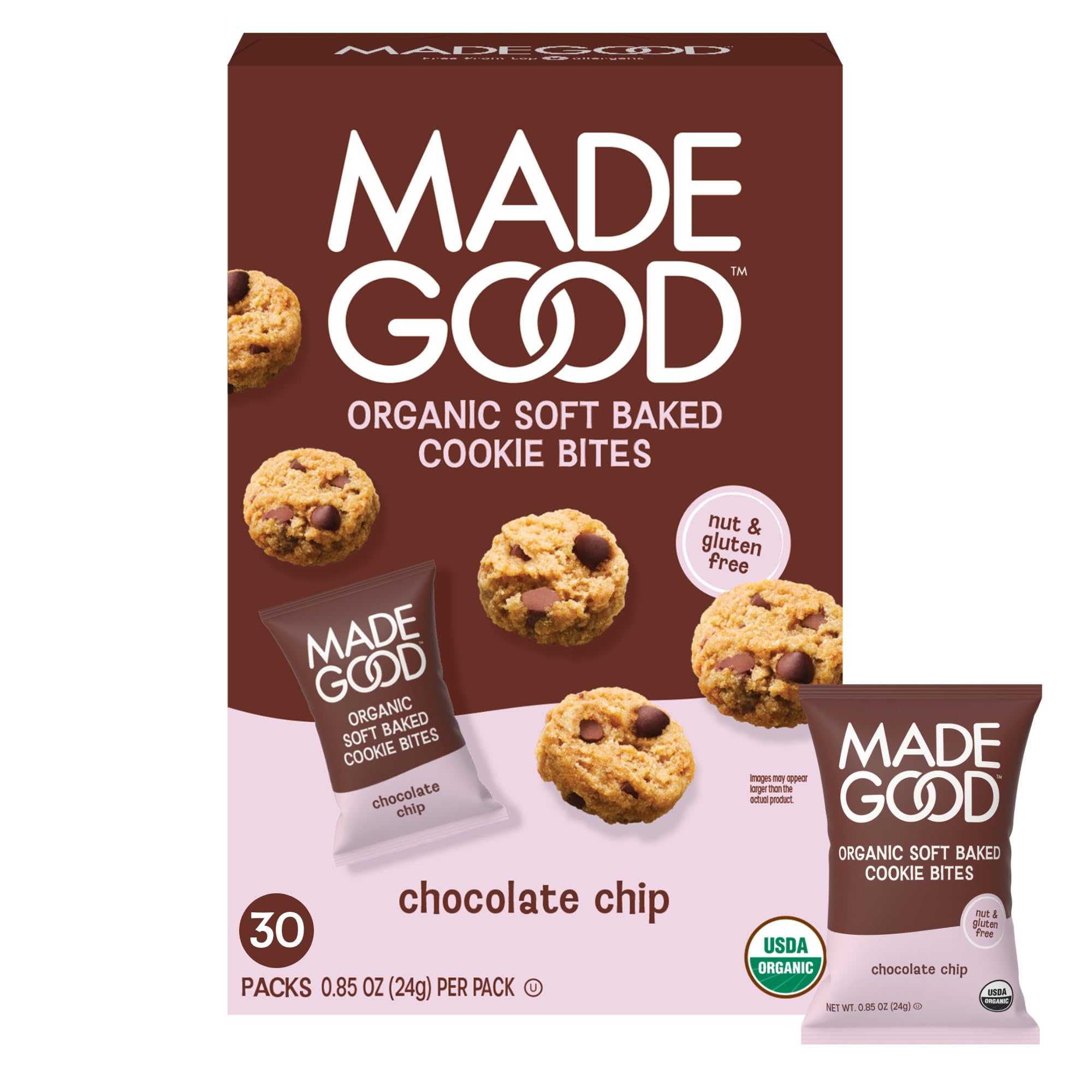 Made Good vista frontal del pack de 30 galletas mini que facilita transporte