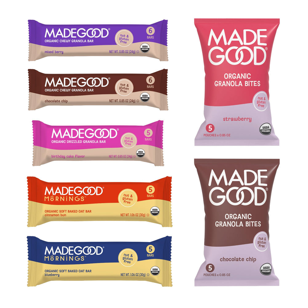 MadeGood paquete frontal mostrando variedad y conveniencia