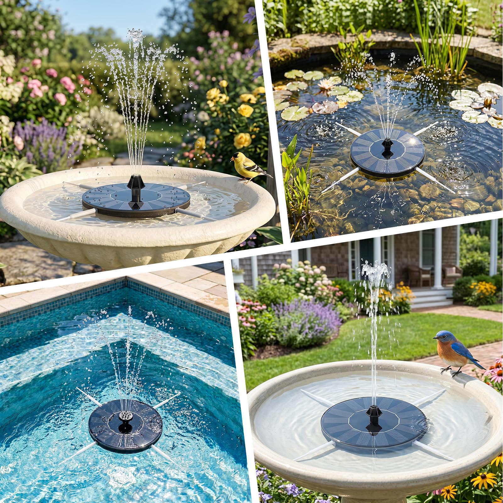 Mademax fuente solar instalada en jardín creando ambiente decorativo