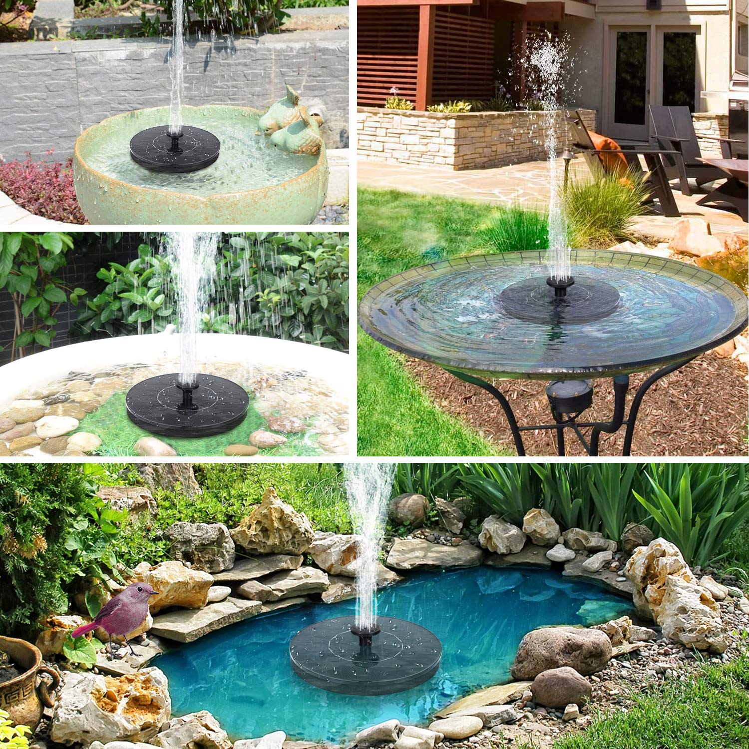 Mademax fuente solar en jardín creando ambiente y atrayendo aves locales