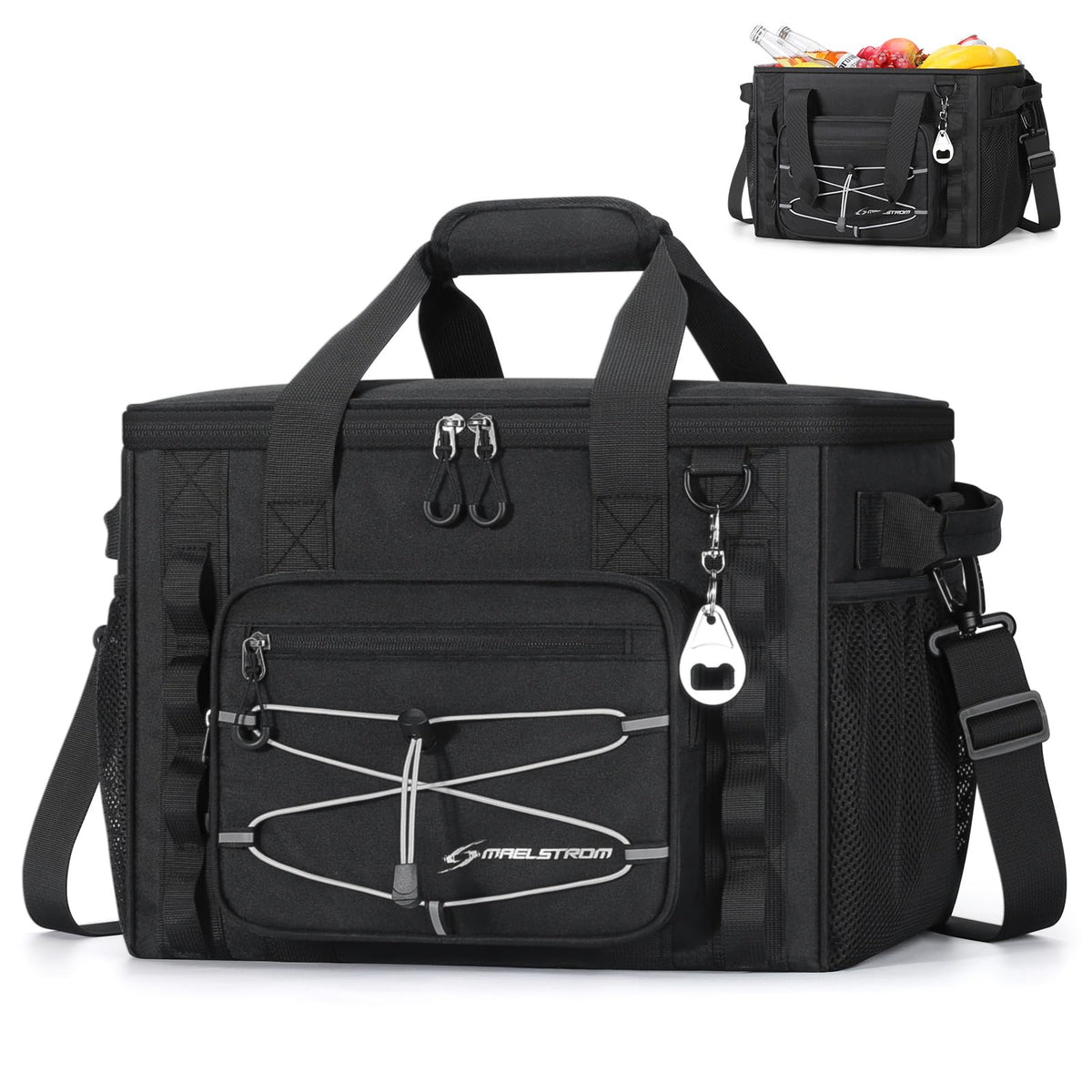 Maelstrom cooler front view showing branding and sturdy zip for confident transport