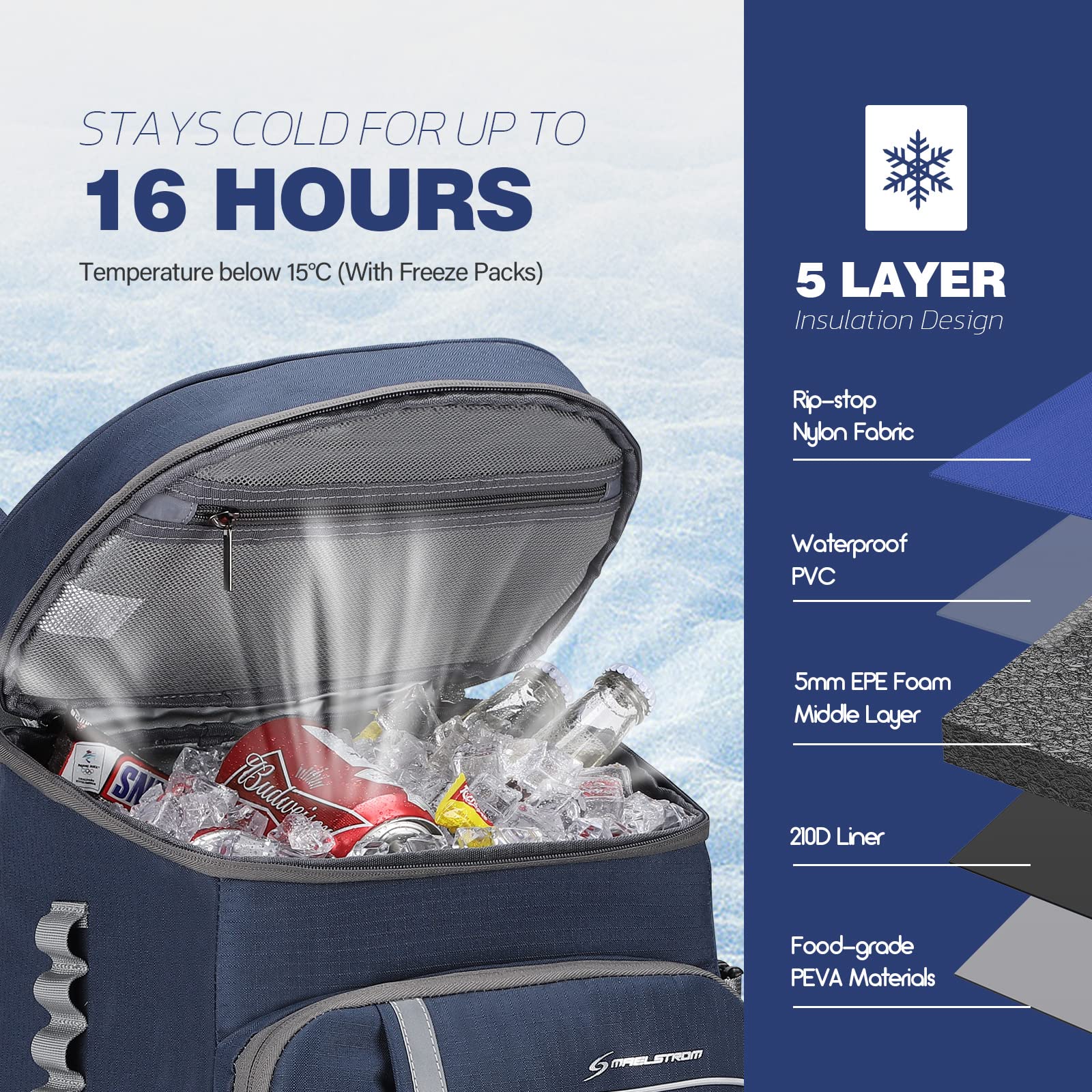 Maelstrom main insulated compartment open with cans, keeps drinks chilled longer