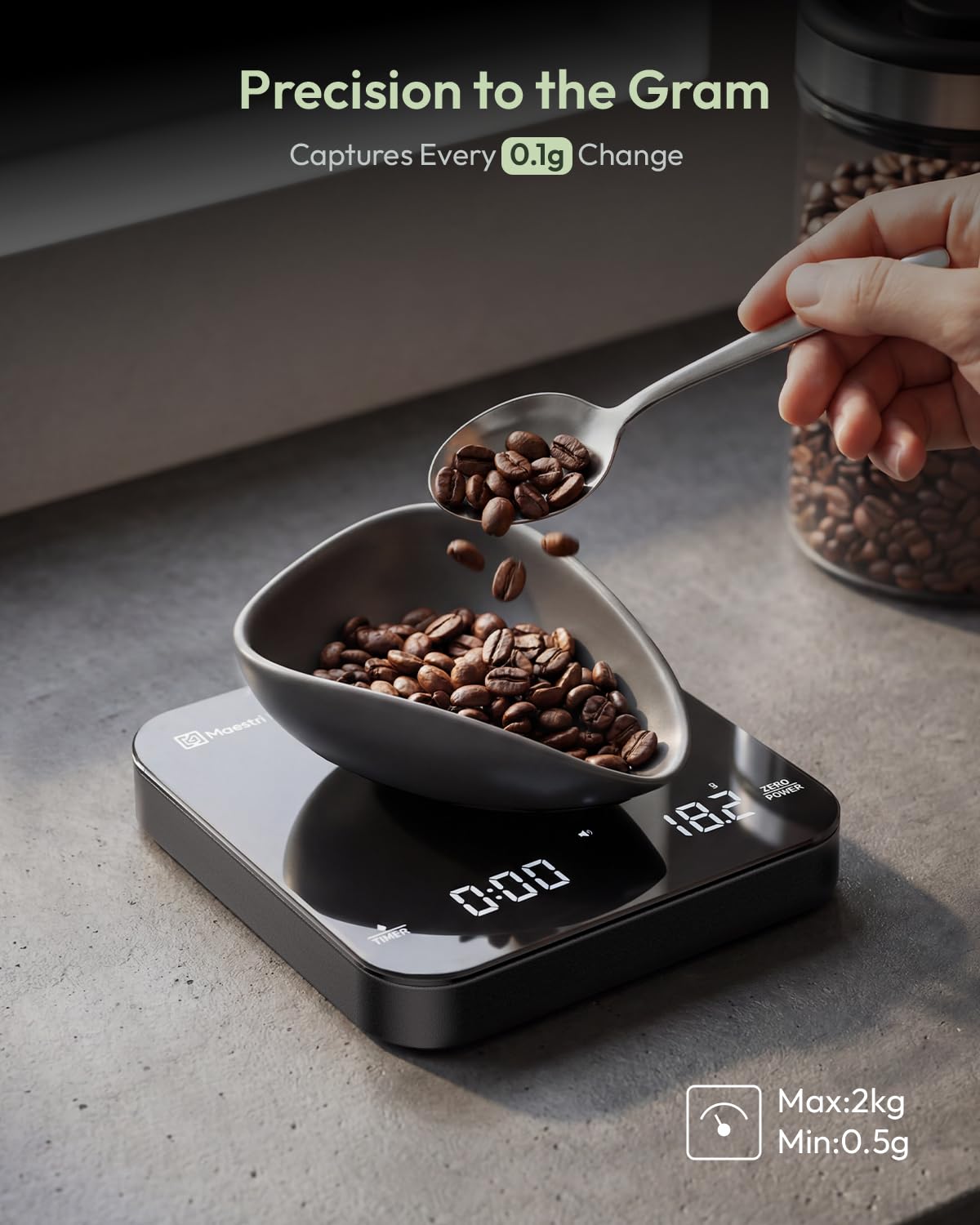 Maestri House S2 en uso con máquina espresso mostrando sincronía peso-tiempo