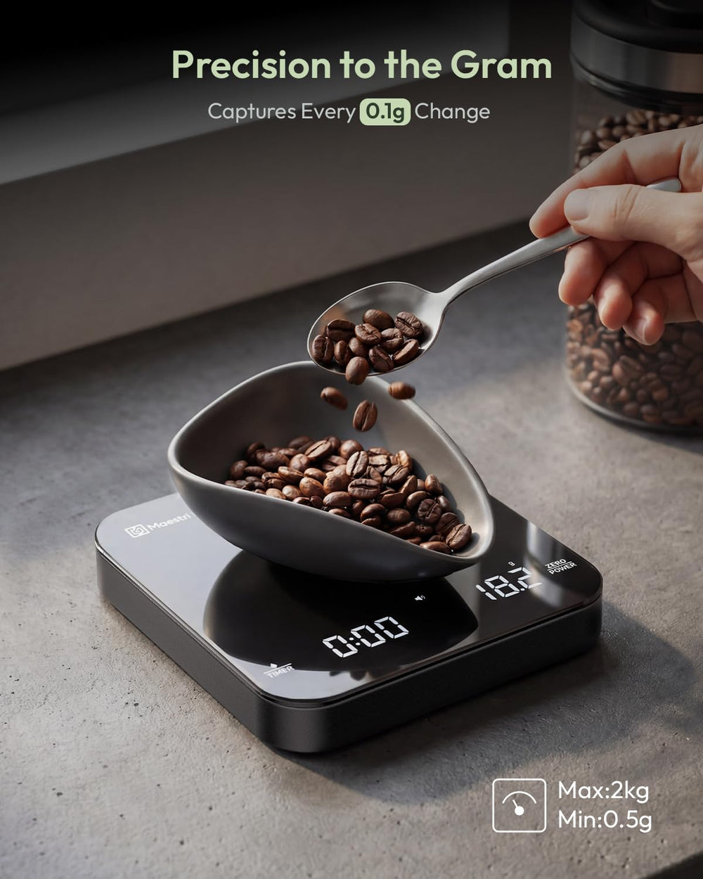 Maestri House S2 en uso con máquina espresso mostrando sincronía peso-tiempo