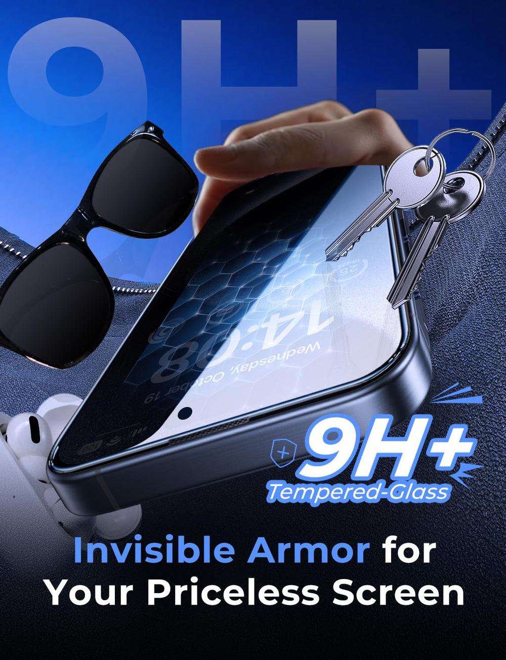 MAGIC JOHN protector al lado de un iPhone 15 Pro para comparar tamaño exacto