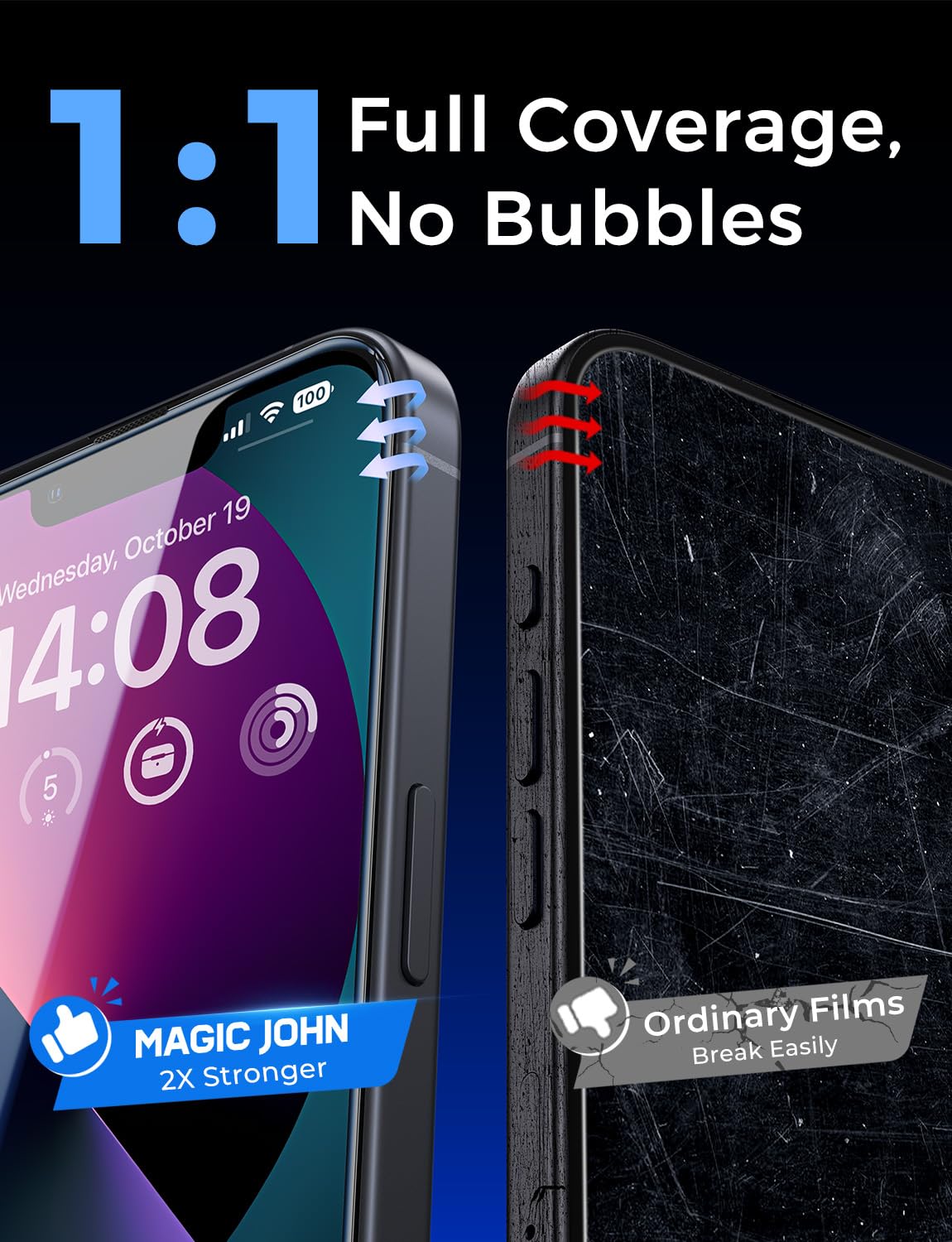 MAGIC JOHN protector colocado en teléfono en uso con pantalla clara
