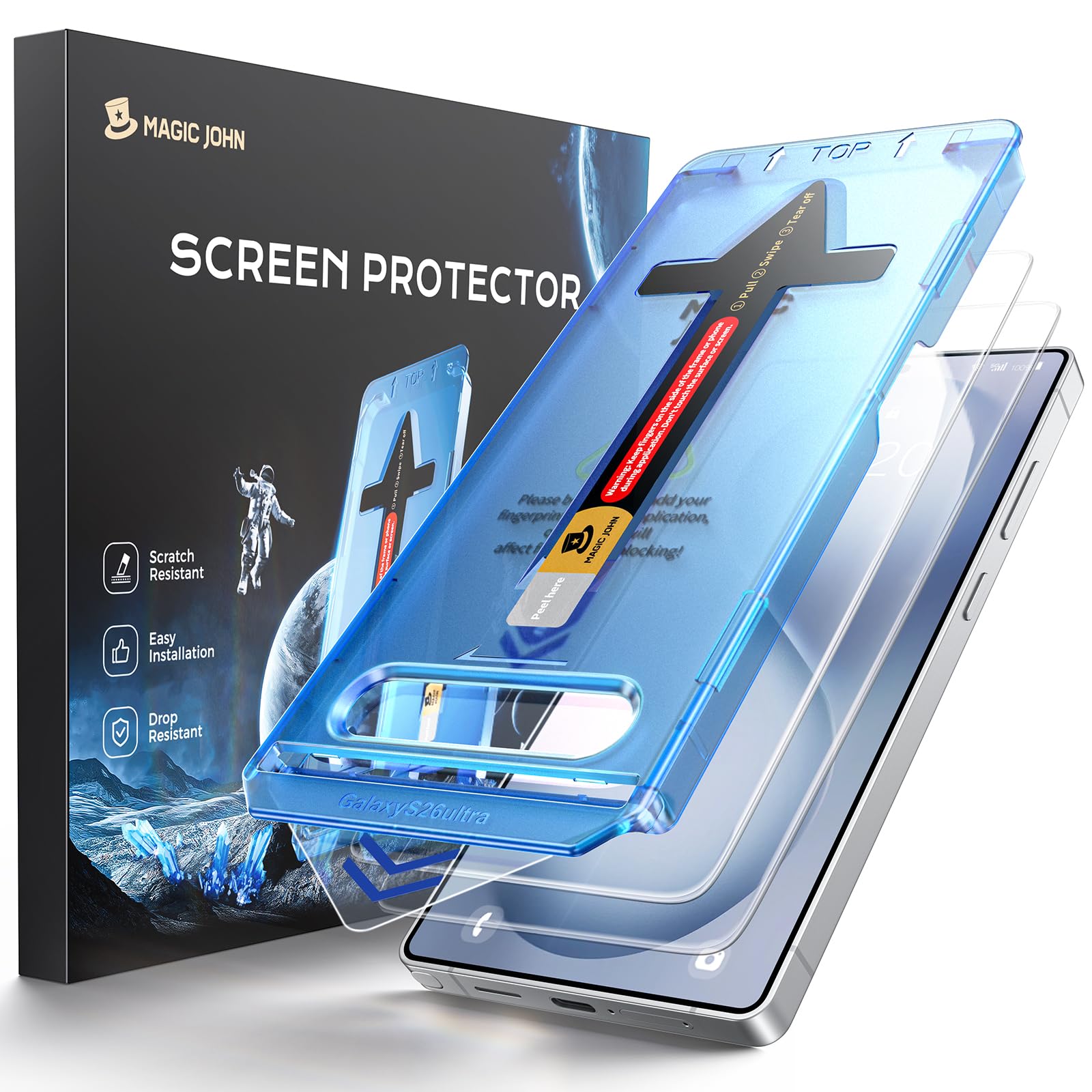 MAGIC JOHN vista frontal del protector para S26 Ultra mostrando embalaje y tapa protectora