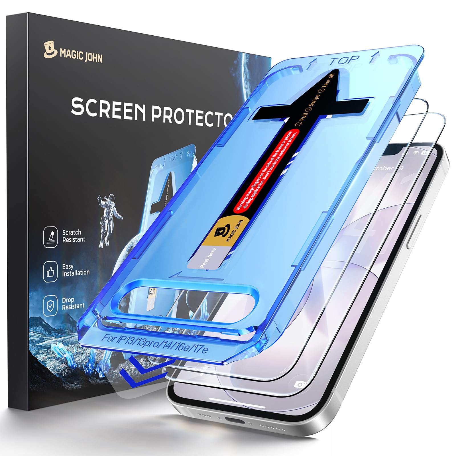 MAGIC JOHN empaque frontal del protector mostrando compatibilidad iPhone 17e y protección rápida