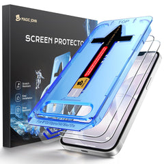 MAGIC JOHN empaque frontal del protector mostrando compatibilidad iPhone 17e y protección rápida